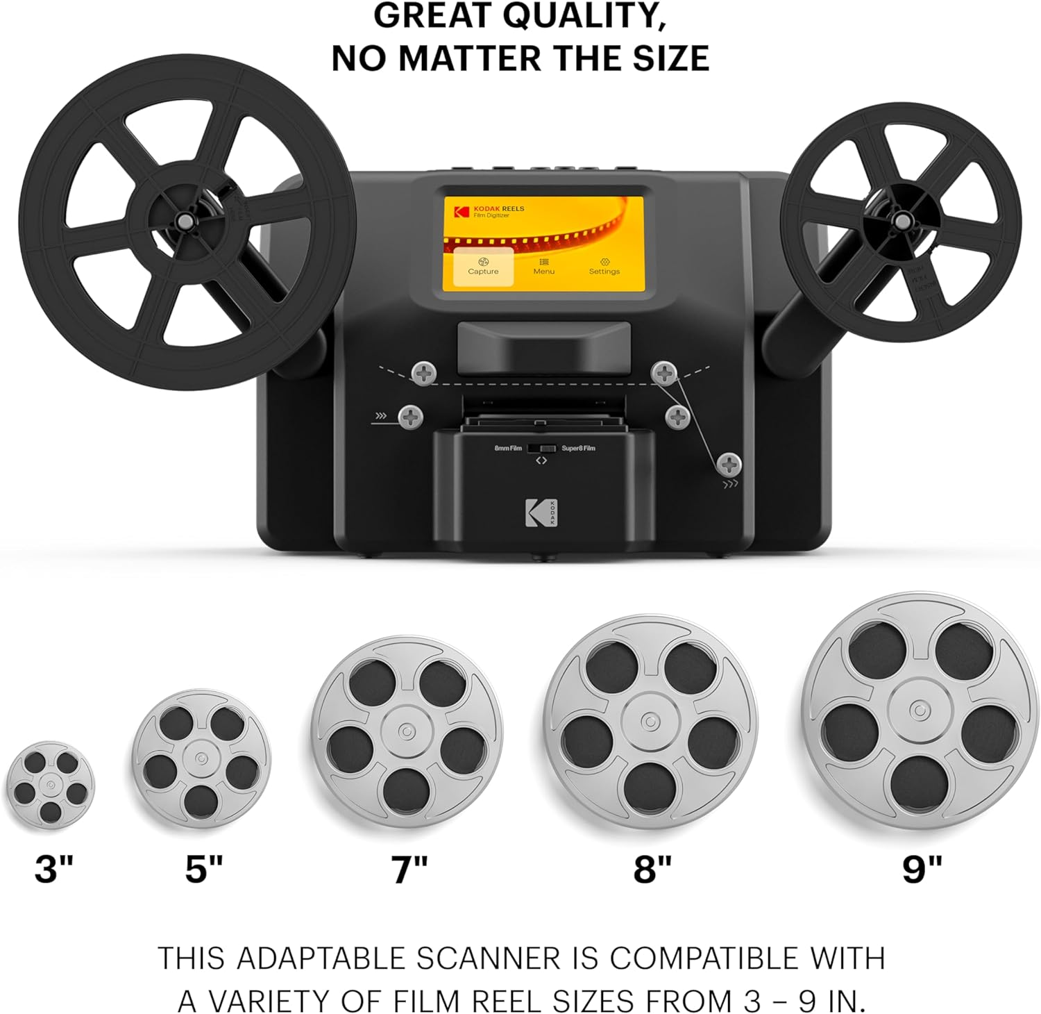 Kodak REELS 8Mm & Super 8 Films Digitizer Converter with Big 5&rdquo; Screen, Scanner Converts Film Frame by Frame to Digital MP4 Files for Viewing, Sharing & Saving on SD Card for 3&rdquo; 4&rdquo; 5&rdquo; 7&rdquo; and 9&rdquo; Reels image number 2