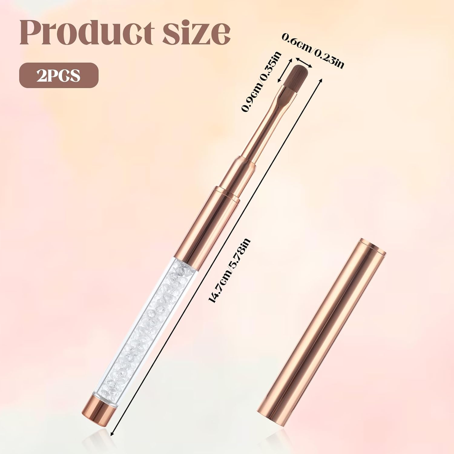 Larrel Pack of 2 Gel Brushes for Nails, Flat Nail Brushes with Lid, Rose Gold Nail Art Brush, Gel Brush, Nail Brush, UV Rhinestone Handle, Painting Brush, Gel Nail Art Brush for Nail Design, Nail Art image number 6