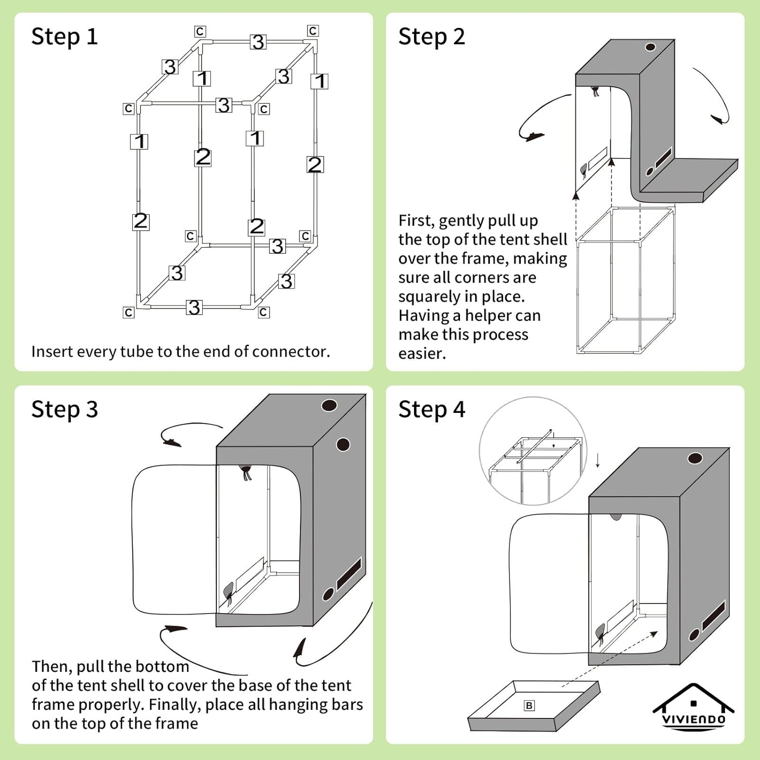 Viviendo Grow Tent, Hydroponics Growing System Plant Room, Greenhouse with Highly Reflective Inside, Indoor Plant Kits with Removable Floor Tray, 600D Oxford & Steel Frame, 1.2X1.2X2M