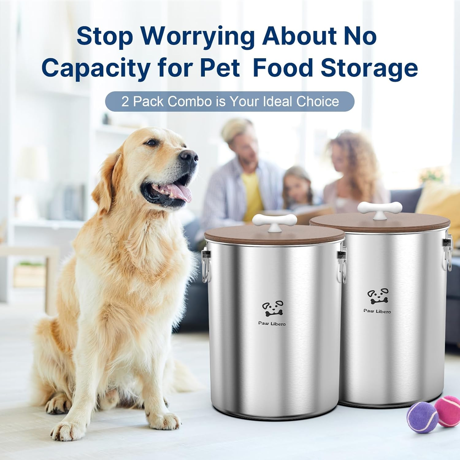 2PK 25 Lbs Total 50 Lbs Stainless Steel Dog Food Storage Container with Airtight Wooden Lid & Ceramic Bone Handle, Large Metal Dog Food Bin for Dogs & Cats, Keep Fresh, Easy to Clean