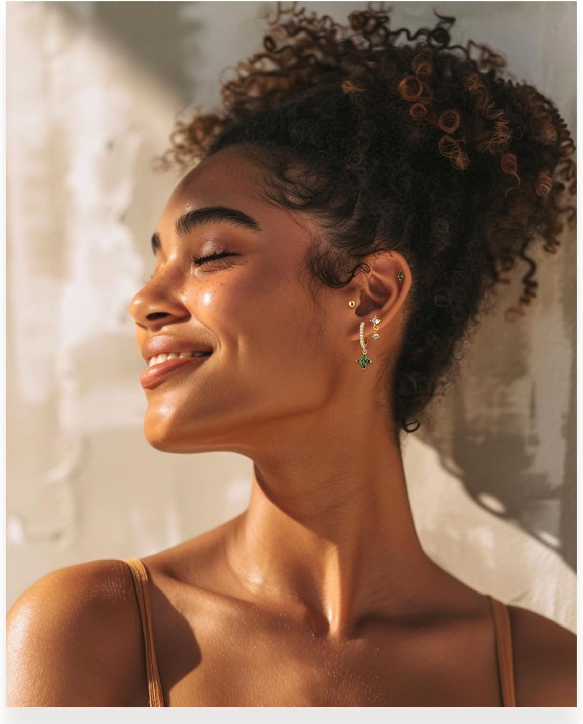 LYLYMIMI 7Pairs 14K Gold Plated Huggies Hoop Studs Earrings for Women Small Dangle Hoop Earrings Gold Green Earrings Set for Multiple Piercing