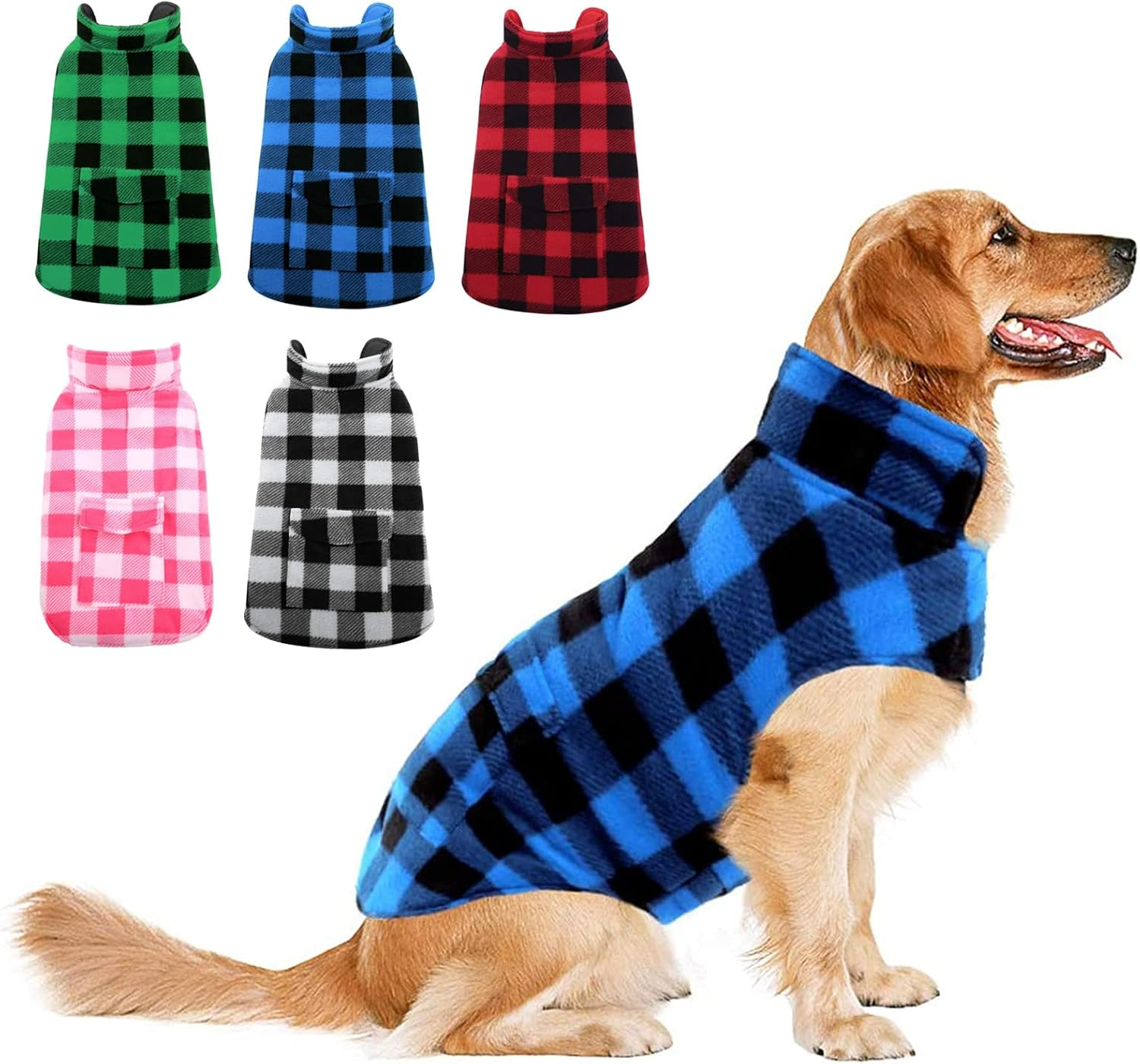 ASENKU Dog Winter Coat, Dog Fleece Jacket Plaid Reversible Dog Vest Waterproof Windproof Cold Weather Dog Clothes Pet Apparel for Small Medium Large Dogs Red M