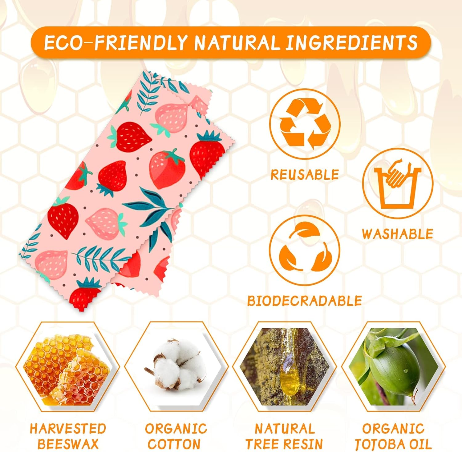 Reusable Beeswax Wrap - 9 Pack Eco-Friendly Beeswax Wraps for Food, Organic, Sustainable, Biodegradable, Zero Waste, Plastic-Free Food Storage, 1L Strawberry, 3M Orange, 5S Lemon Patterns