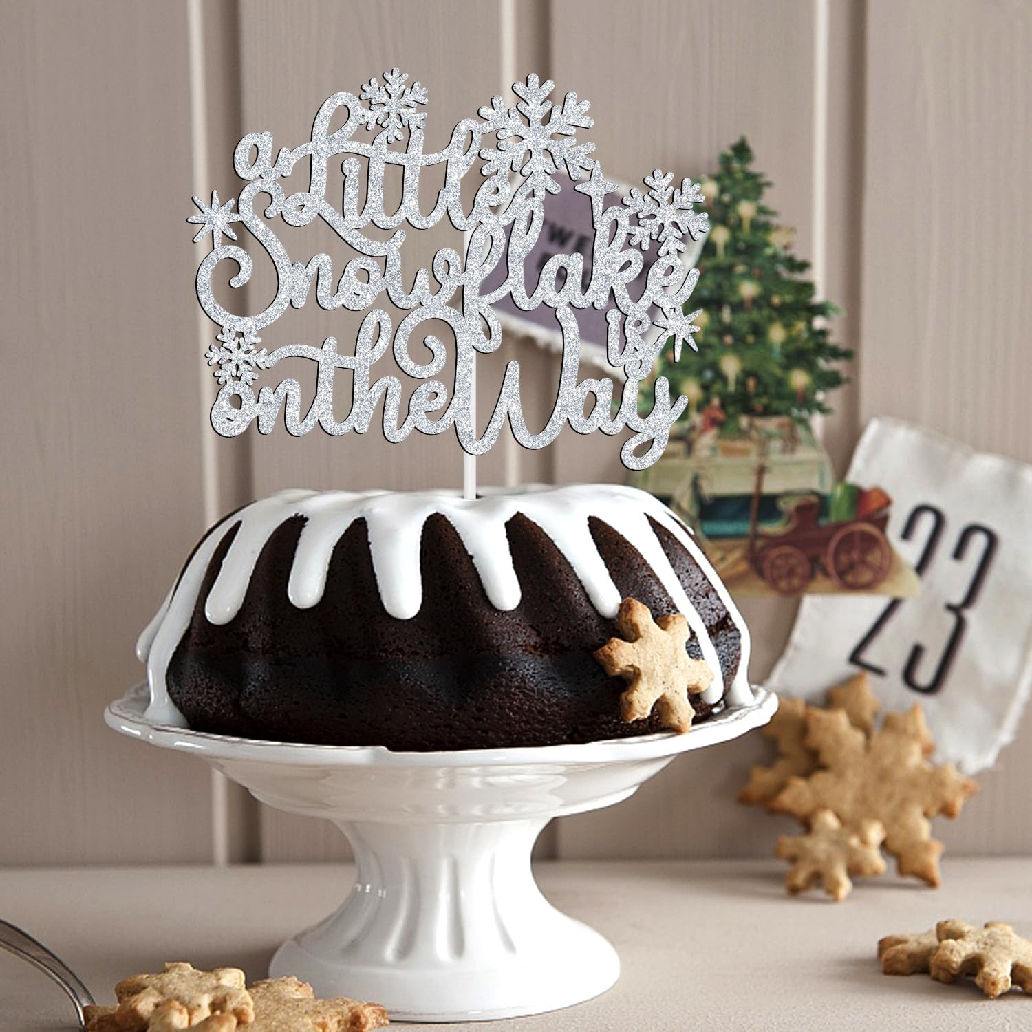 A Little Snowflake Is on the Way Cake Topper, Sweet Little Snowflake Christmas Cake Decor, Winter Wonderland Baby Shower/Gender Reveal Party Decorations Supplies for Boy or Girl, Silver Glitter image number 1