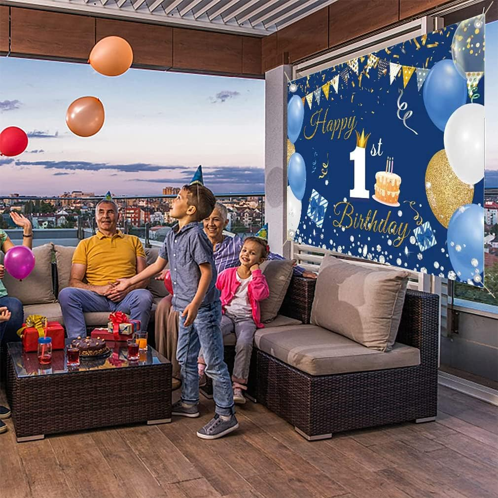 1St Birthday Decorations Happy 1St Birthday Backdrop Party Banner for Boys/Girls Happy 1 Year Old Fabric Sign Poster, Blue Photography Background First Birthday Party Supplies, 59"X35.4" image number 6