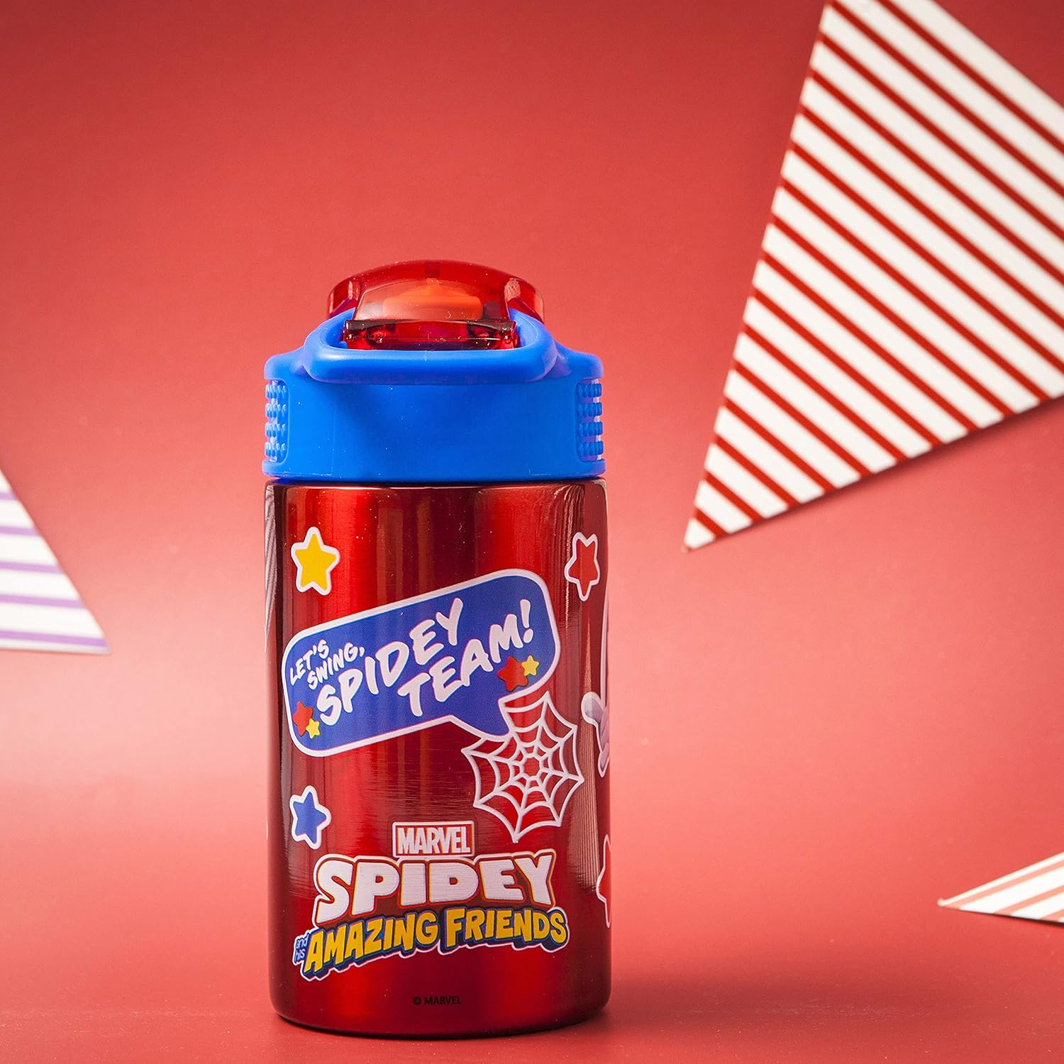 Zak Designs Marvel Spider-Man 18/8 Single Wall Stainless Steel Kids Water Bottle, Flip Straw Locking Spout Cover, Durable Cup for Sports or Travel (15.5Oz, Non-Bpa, Spidey and His Amazing Friends) image number 1