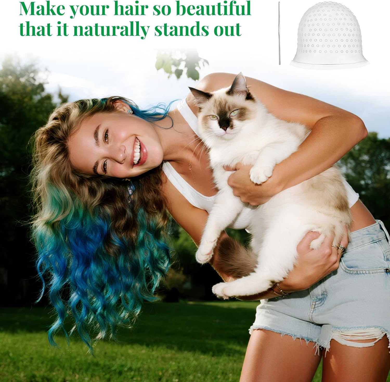 1 Piece Highlight Cap with Highlight Needle Silicone Highlight Hood Set Silicone Strands Hood with Holes Reusable Highlight Set for Professional Salon and Home Hair Dyeing (White) image number 2