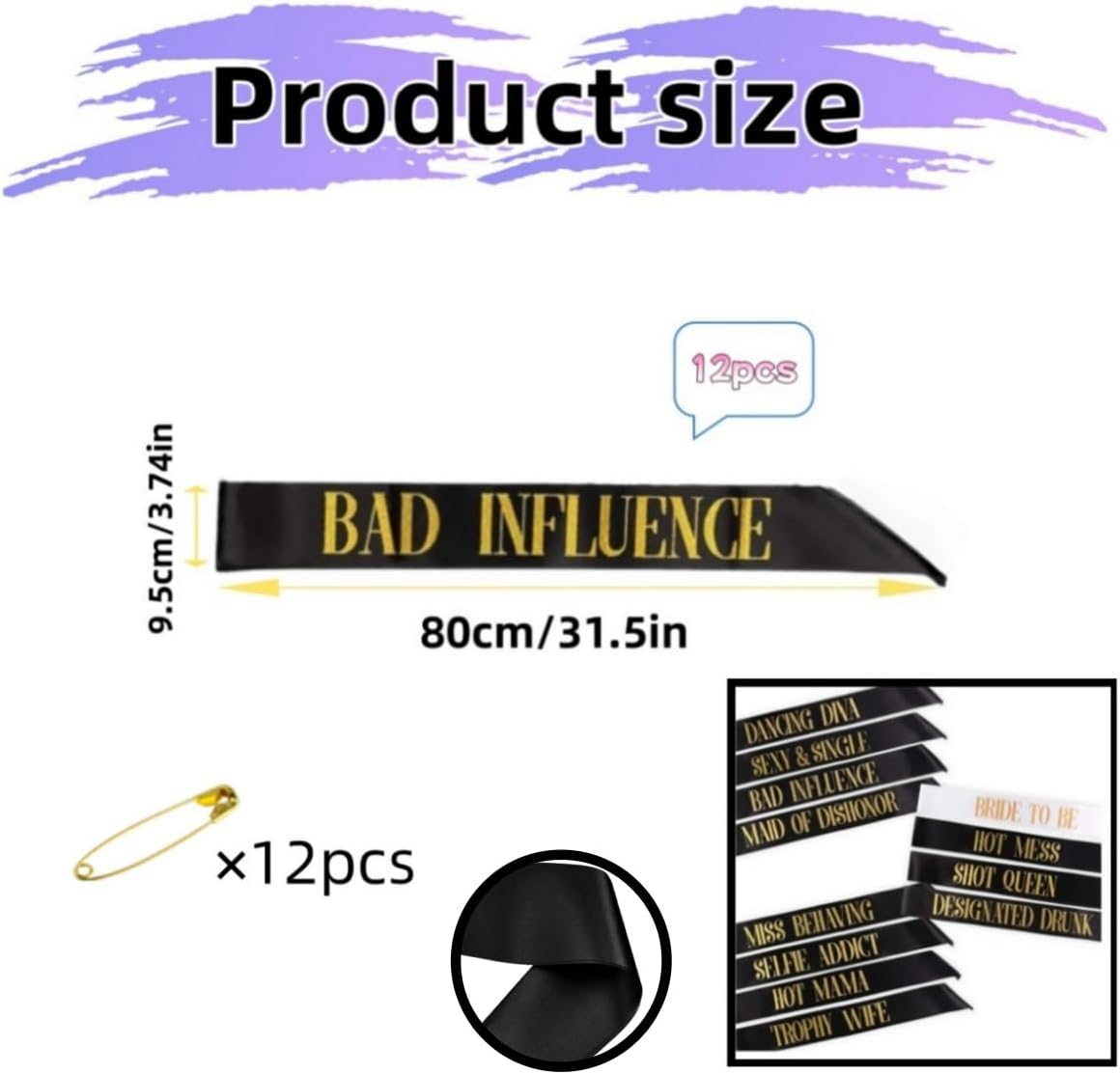12 Pack Party Sashes Set Bride to Be ,Deluxe Glitter Bride to Be Sash, Gold & Black, Bachelorette Party Decorations image number 4