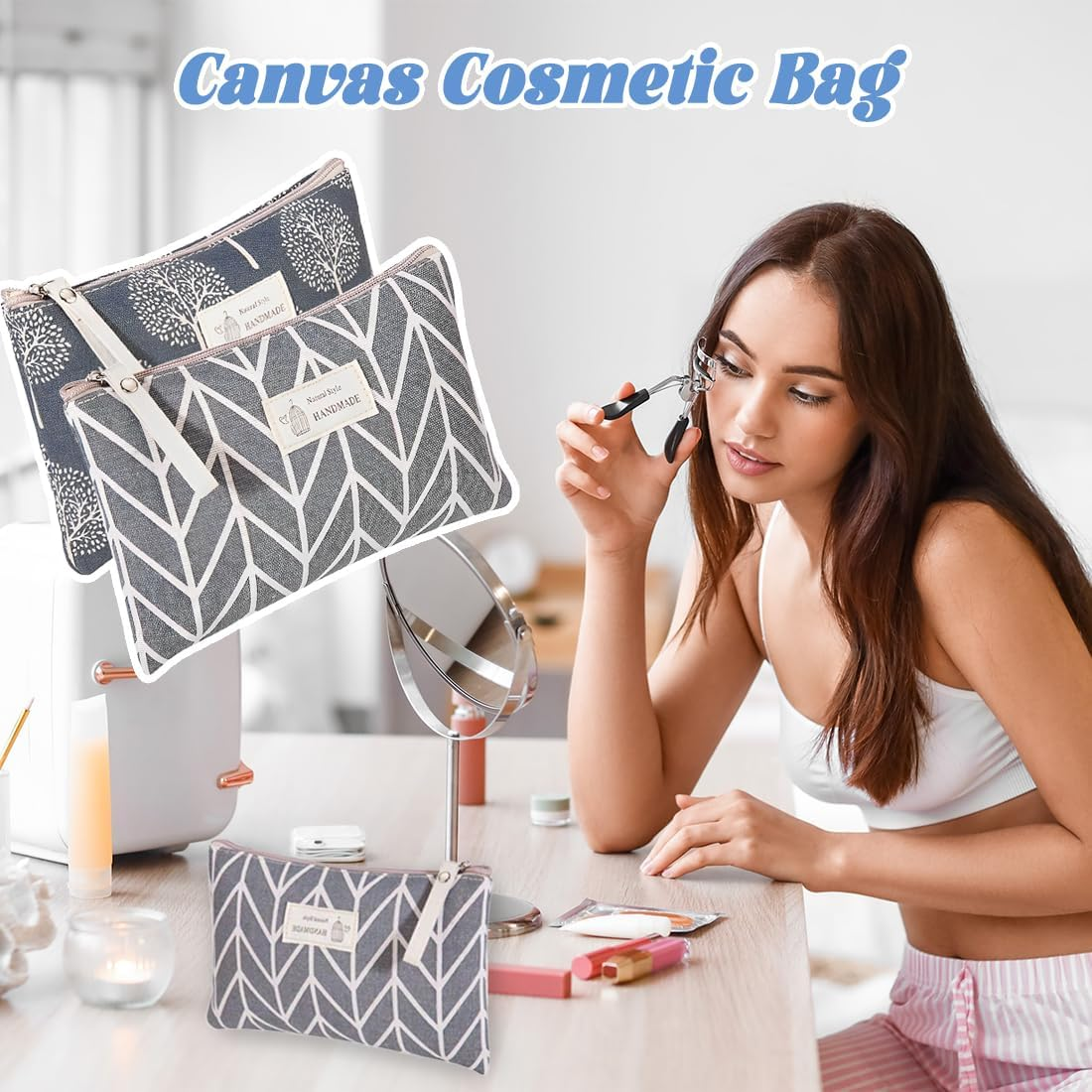 Pack of 2 Canvas Cosmetic Bag, Small Cosmetic Bag, Multifunctional Make up Bag, Travel Cosmetic Bag, Women'S Makeup Bag with Zip, Portable Wash Bag, Cosmetic Accessory Organiser image number 5