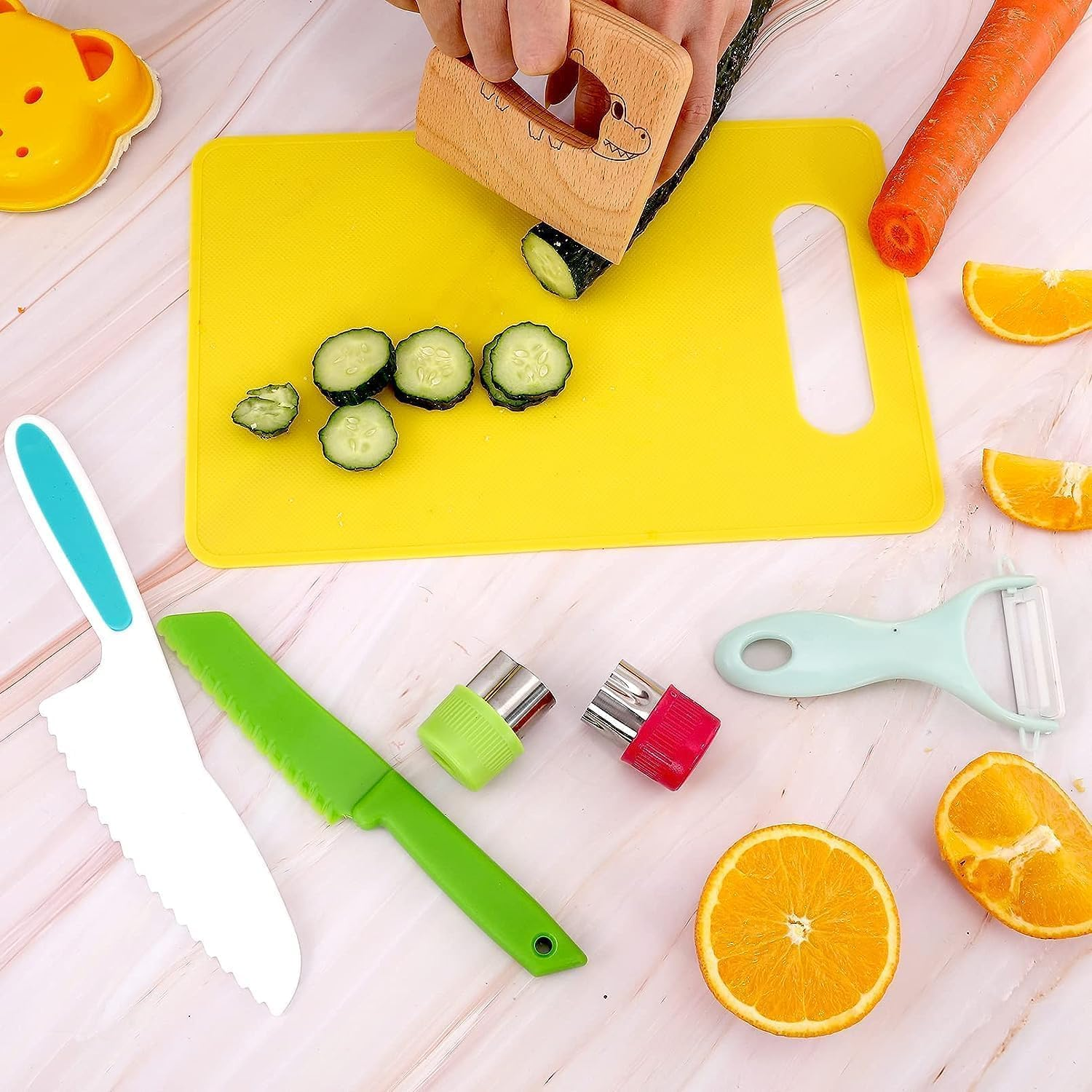 12 Pcs Kids Knife Set, Wooden Kids Kitchen Knives for Real Cooking, with Cutting Board, Serrated Edges Toddler Knife, Potato Slicer, Y Peeler, DIY Mold image number 5