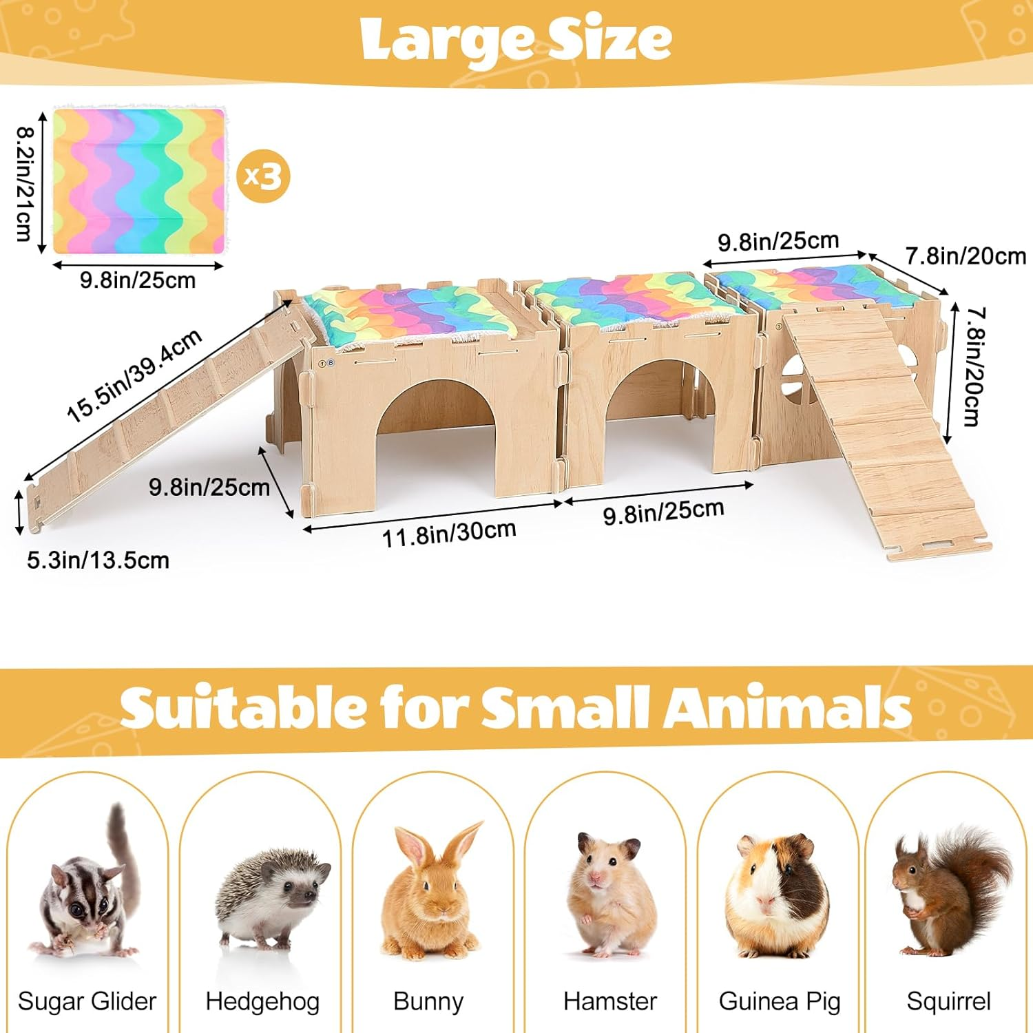 Guinea Pig Hideout, Guinea Pig House with Stairs and Mats Extra Large Guinea Pig Castle Detachable Hideouts for Small Animals Wooden Guinea Pig Habitats with Multiple Doors and Windows image number 3