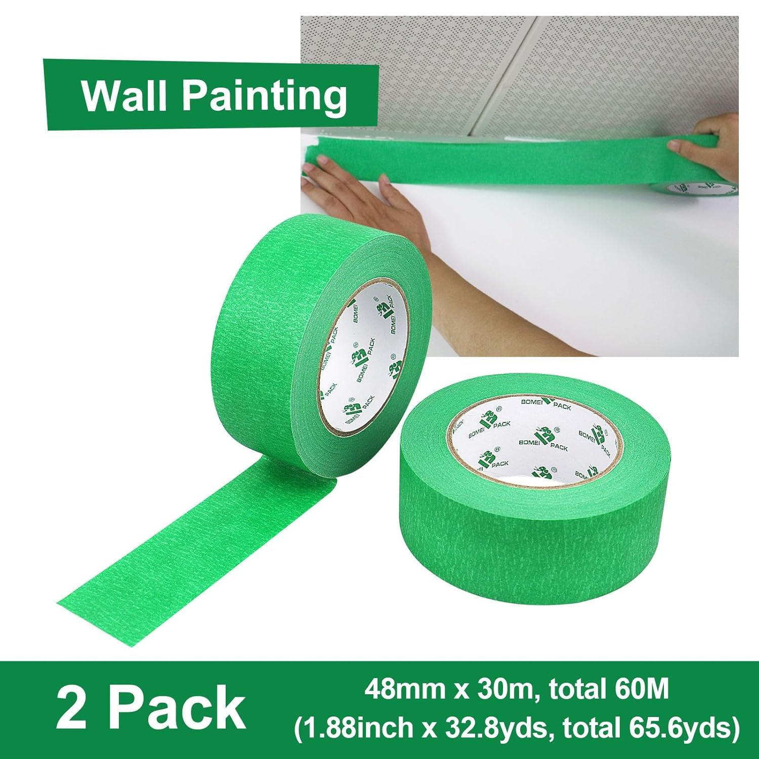 Green Masking Tape Decorative Writable Green Painters Tape for Arts & Crafts,2 Rolls Pack, 48Mm X 30M per Roll BOMEI PACK image number 1