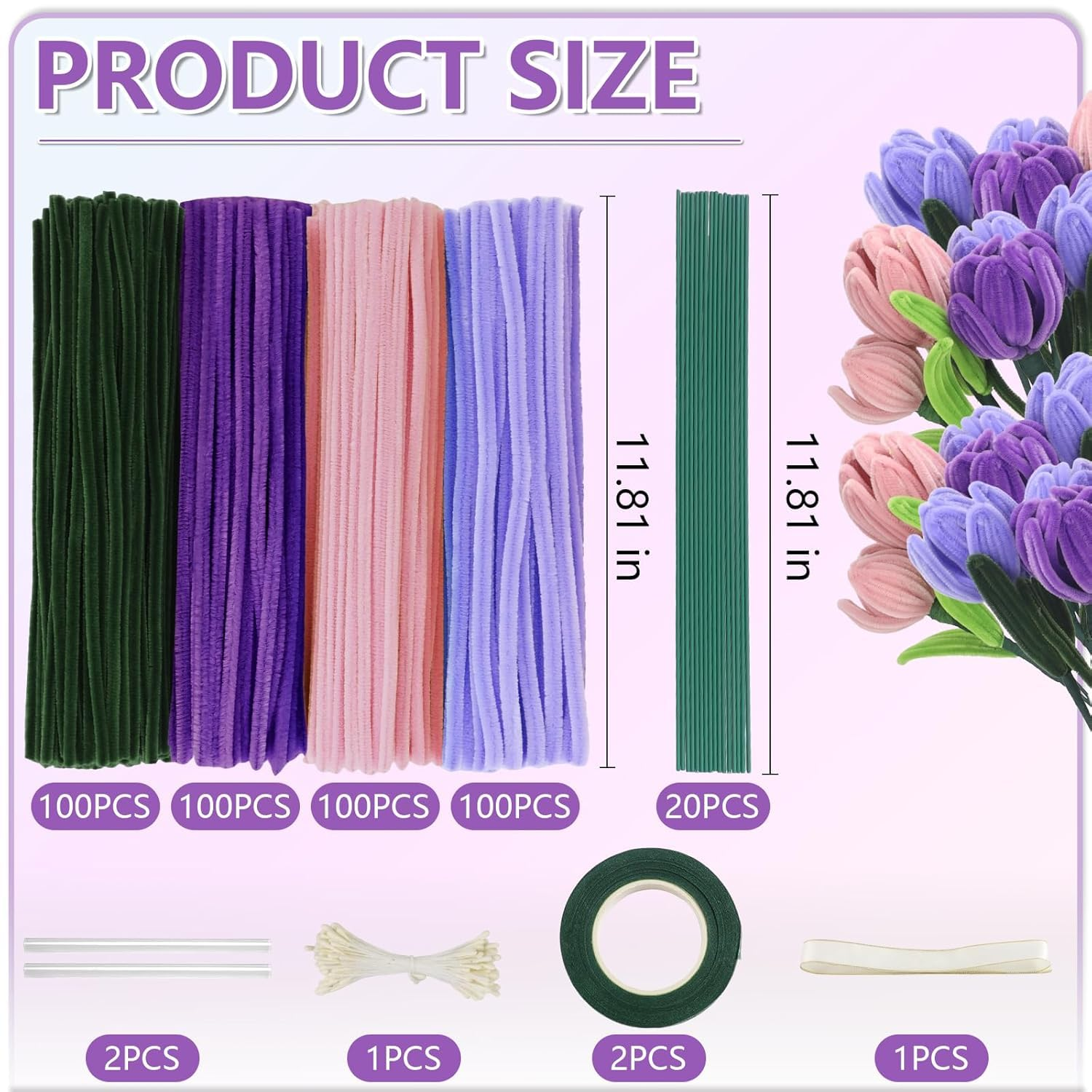 400 Pcs Pipe Cleaners Craft,4 Assorted Colors Pipe Cleaners Bulk, Chenille Stems for DIY Flower Making Kit with Floral Wires, Gardening Tape,Stamen& Ribbon(Purple) image number 5