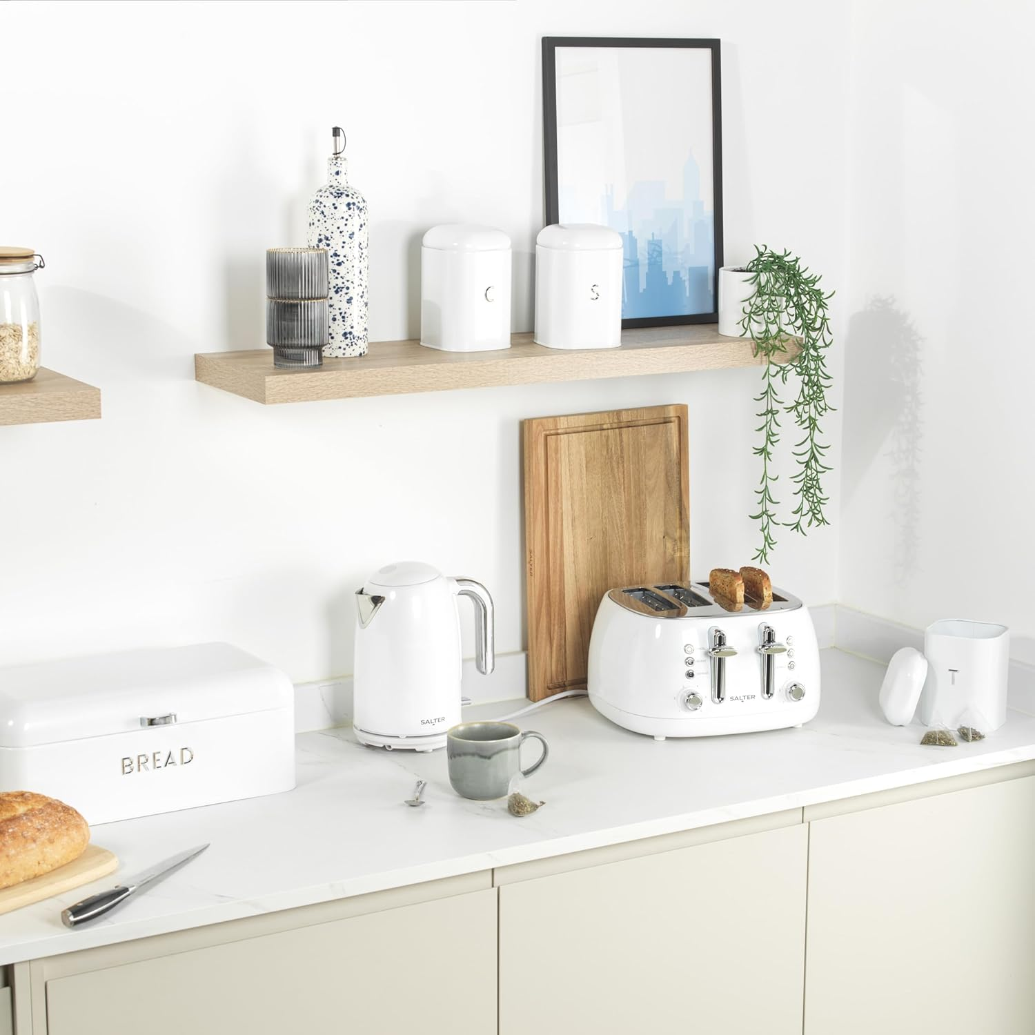 Salter Boston Bread Bin &ndash; Large Bread Storage Container, Embossed Lettering, Store Bread, Pastries, and Bagels, Durable Steel, Easy to Clean, Long-Lasting Freshness, Ice White Shimmer Finish image number 1