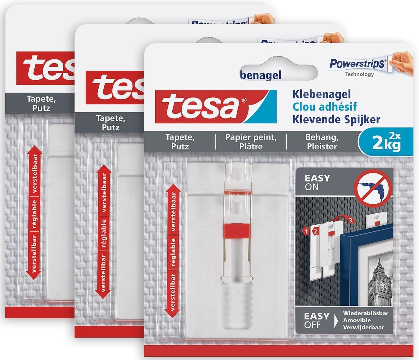 Tesa Adjustable Adhesive Nail for Wallpaper and Plaster 2 Kg in Pack of 3 - Height Adjustable, Self-Adhesive Wall Nail - up to 2 Kg Holding Capacity per Nail - 3 X 2 Adhesive Nails image number 1