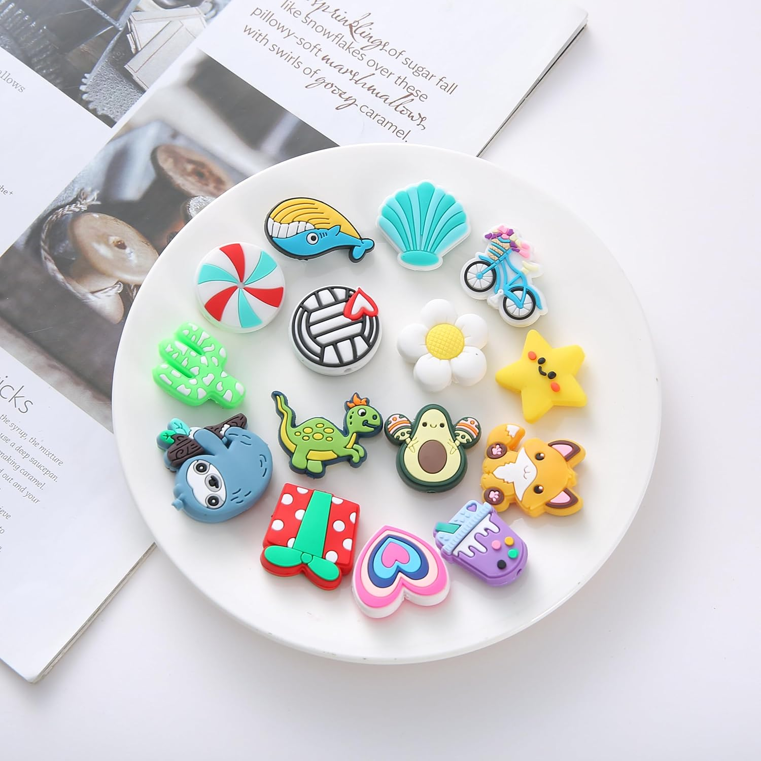 Silicone Focal Beads for Pens & Keychains, Bracelet &ndash; Bulk DIY Jewelry Making Kit, Creative Designs | Random Non-Repeat Beadable &ndash; Animals, Food, Sports, Fruit Themes with Extra Gift Pen (50 Pieces) image number 1