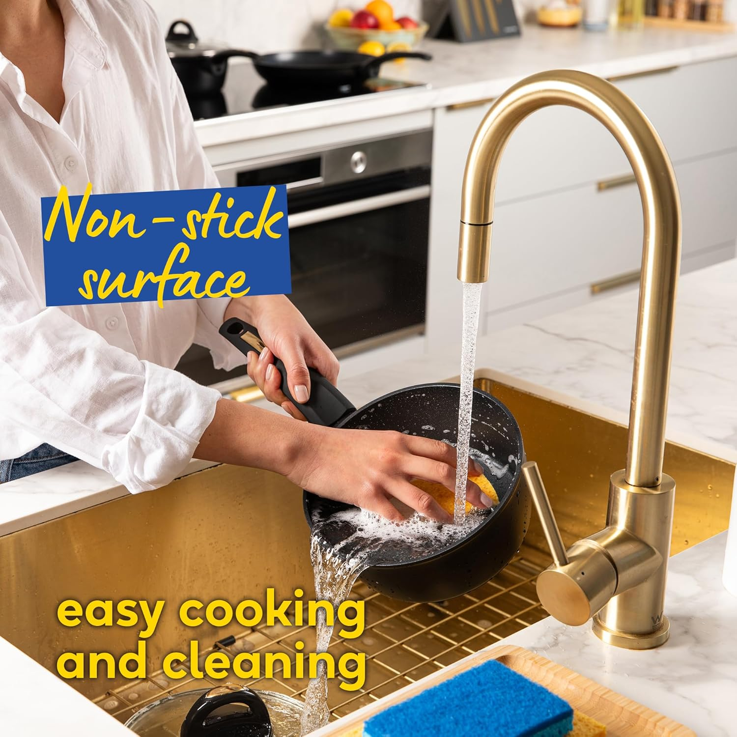 Russell Hobbs Noir Gold 18Cm Saucepan, RHCW18SNG, Induction Compatible, Soft Touch Bakelite Handle, Tempered Glass Lid, Easy Clean Non-Stick Surface, Stylish Gold Accents image number 5