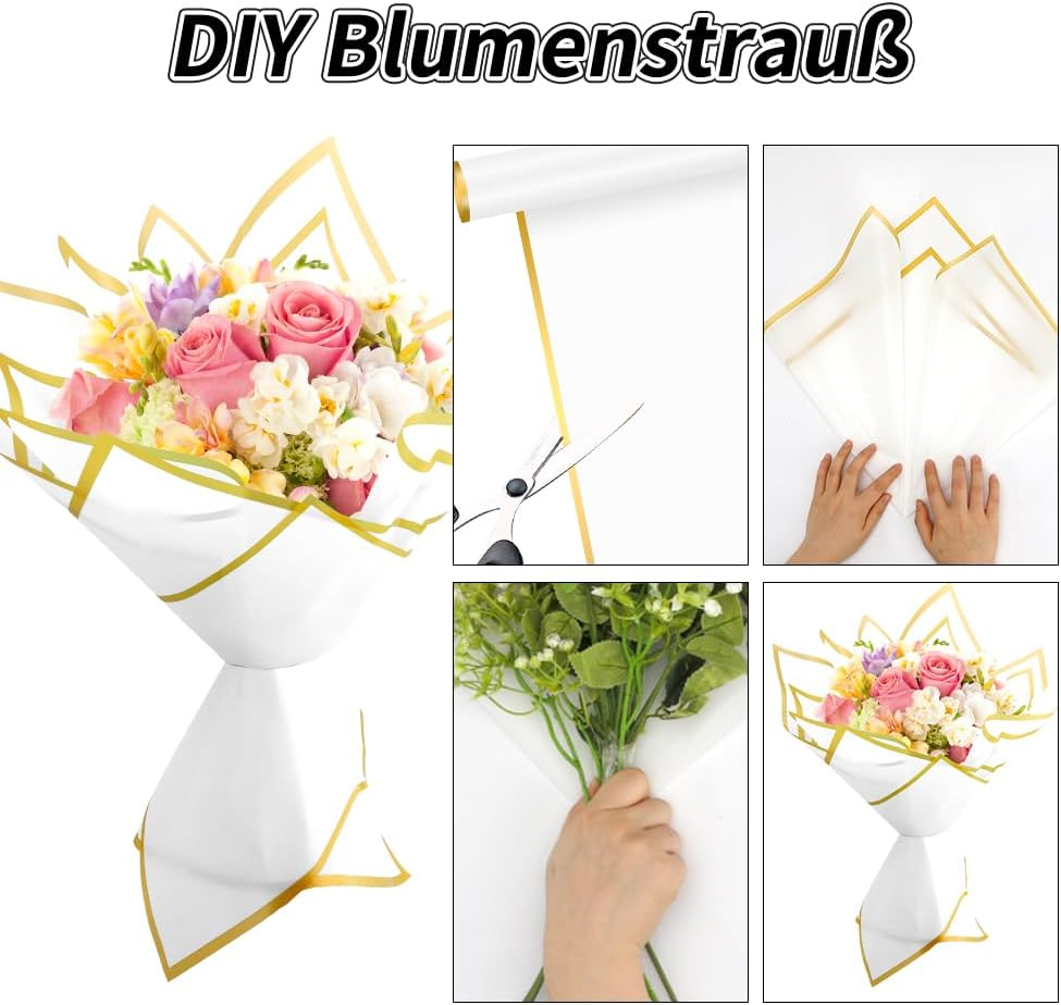 Gold Edge Wrapping Paper 20 Sheets - White Floral Gift Wrap with Golden Border for Bouquets, Wedding, Anniversary, Gift Packaging, Flower Shop - Gold Trim With Champagne image number 6