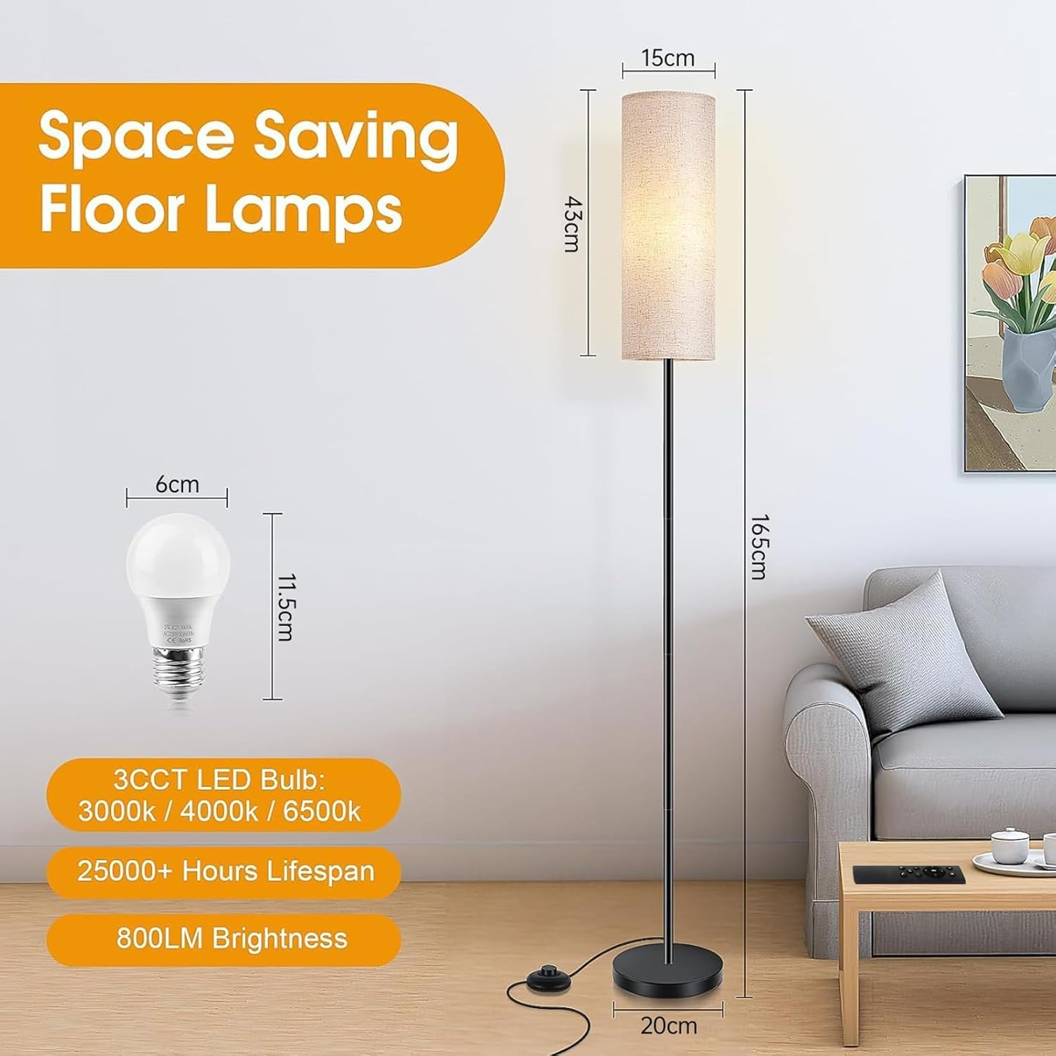 Kinsdan Floor Lamp for Living Room, 3 Color Temperature LED Floor Lamp, Dimmable Floor Lamp with Remote Control, 1.6 Meter Minimalist Tall Lamp for Living Room Bedroom Office(9W Blub Included) image number 2