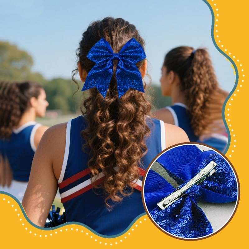Sparkly Navy Blue Cheer Bow Hair Clips for Braids Ponytail Glitter Sequins Bows Tie Clip Bling Ribbon Bow Barrettes for Kids Toddlers Cheer Stuff for Girls Women Volleyball Cheerleader Bows for Hair - Navy Blue image number 6