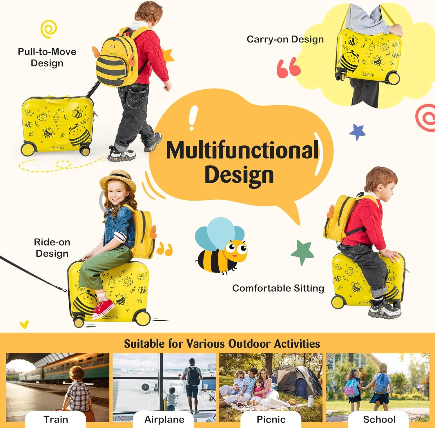 Costway 2 PCS Kids Ride-On Luggage Set, Portable Carry-On Suitcase & Backpack Set W/Anti-Lose Rope, Retractable Rod, Adjustable Strap, Rolling Hardshell Trolley Luggage for over 3 Years Old image number 2