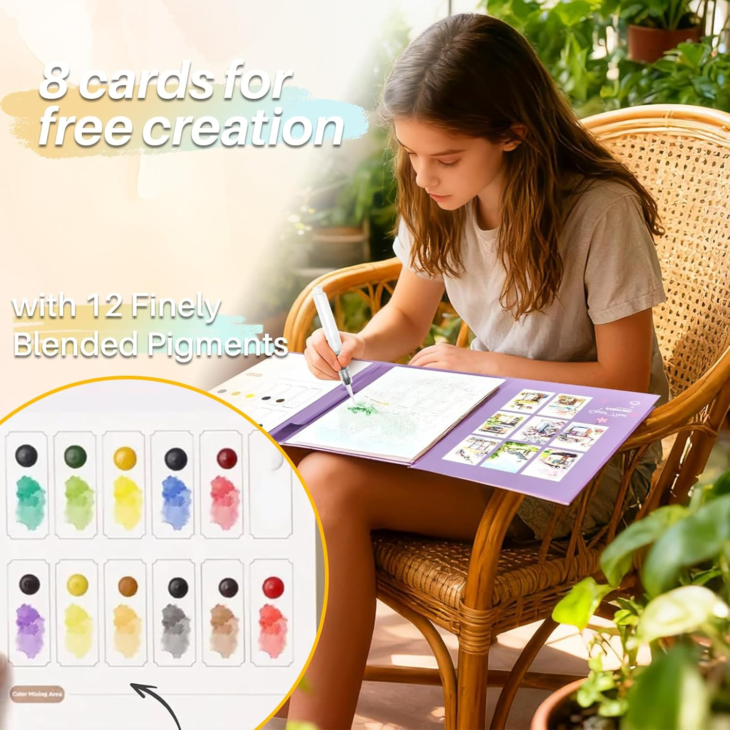 Watercolour Colouring Book with 12 Watercolours, NANASUGUR Watercolour Painting Set for Crafts & Learning, Watercolour Painting Paper for Drawing, Workbook, Colouring Pad Set with Watercolour Paper image number 3