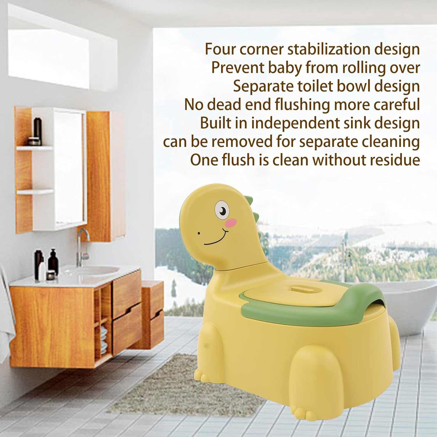 Potty Training Toilet, Non Slip Rubber Base Cartoon Dinosaur Potty Training Seat Thickened Plastic Ergonomic Design Portable Dinosaur Training Potty with Brush for Boys and Girls (Yellow) image number 3