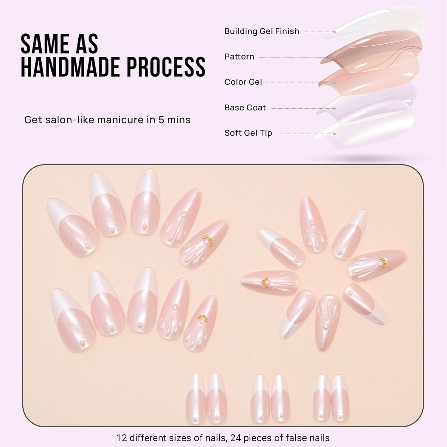 JOWILIN Press on Nails Set, 24 Pcs French Tip Fake Nails with Ultra-Adhesive Jelly Glue and Nails Kit, Long-Lasting over Two Week, Exquisite Reusable False Nails for Women, Girls (White Shell)