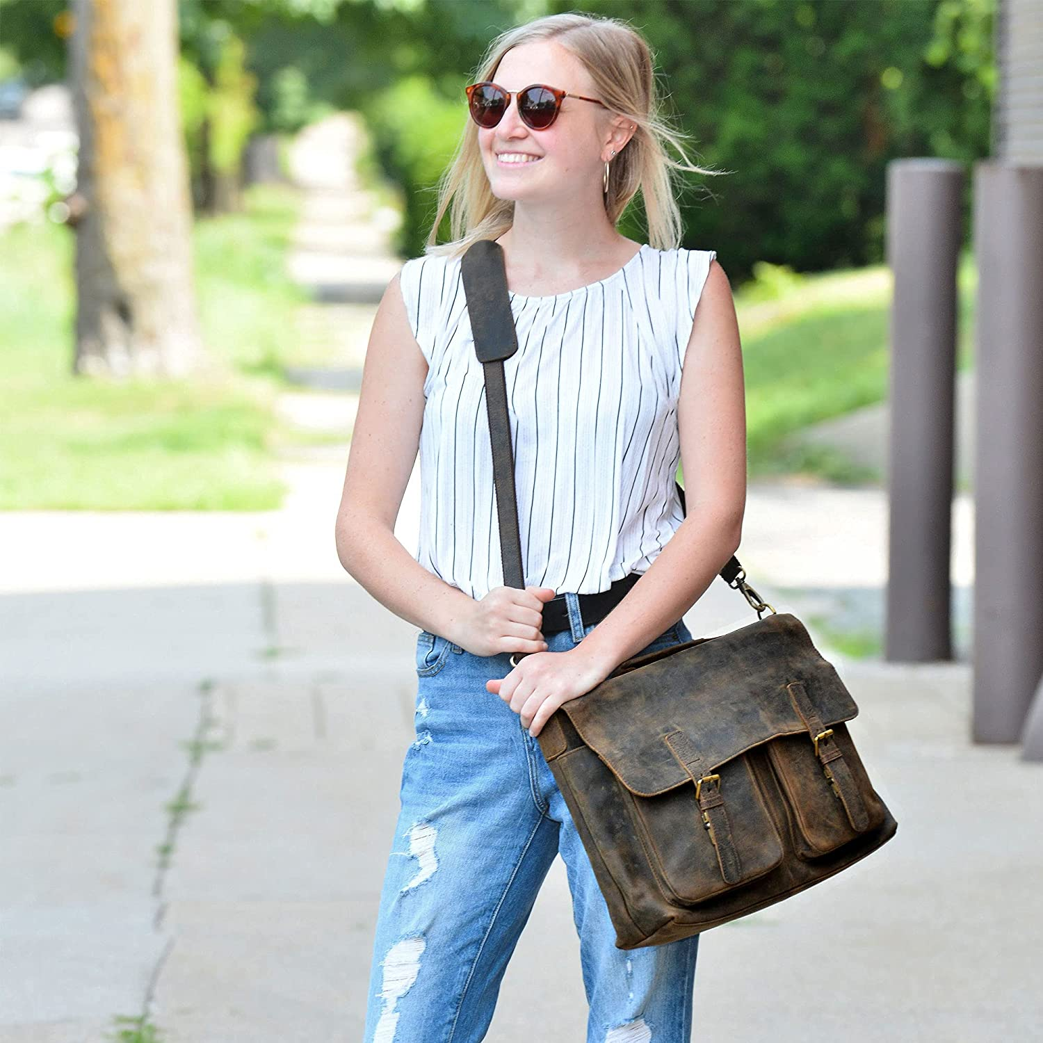 Komalc 18 Inch Leather Briefcase Laptop Messenger Bags for Men and Women Best Office Satchel Bag image number 2