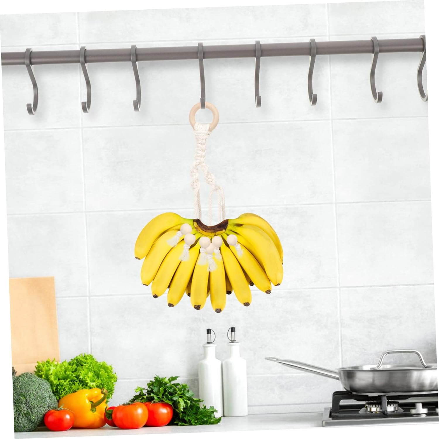 OKUMEYR 2Pcs Macrame Banana Hanger Cotton Rope Wooden Beads Kitchen Fruit Holder under Cabinet Hanging Storage for Home Decor