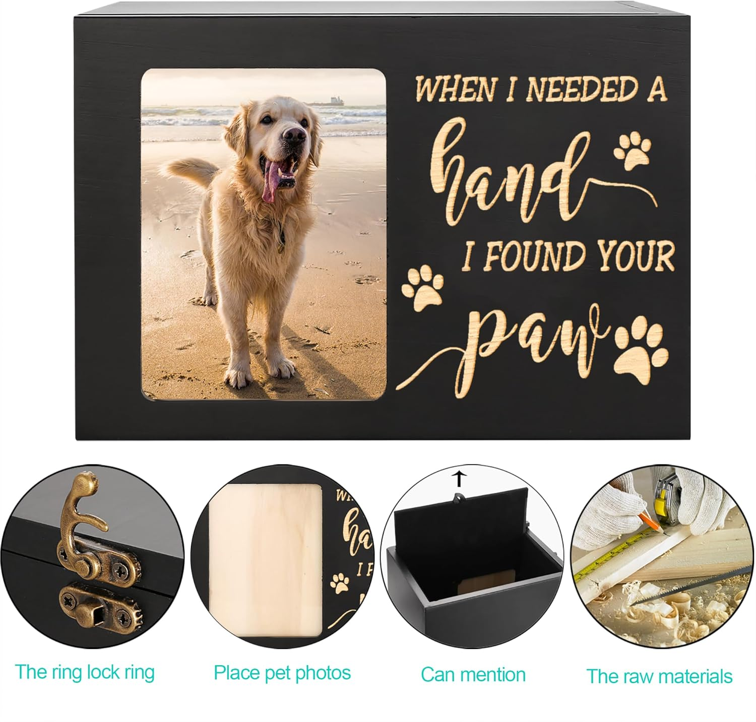 Pet Memorial Urns for Dog or Cat Ashes, Large Wooden Funeral Cremation Urns with Photo Frame, Memorial Keepsake Memory Box with Black Flannel as Lining, Loss Pet Memorial Remembrance Gift image number 5