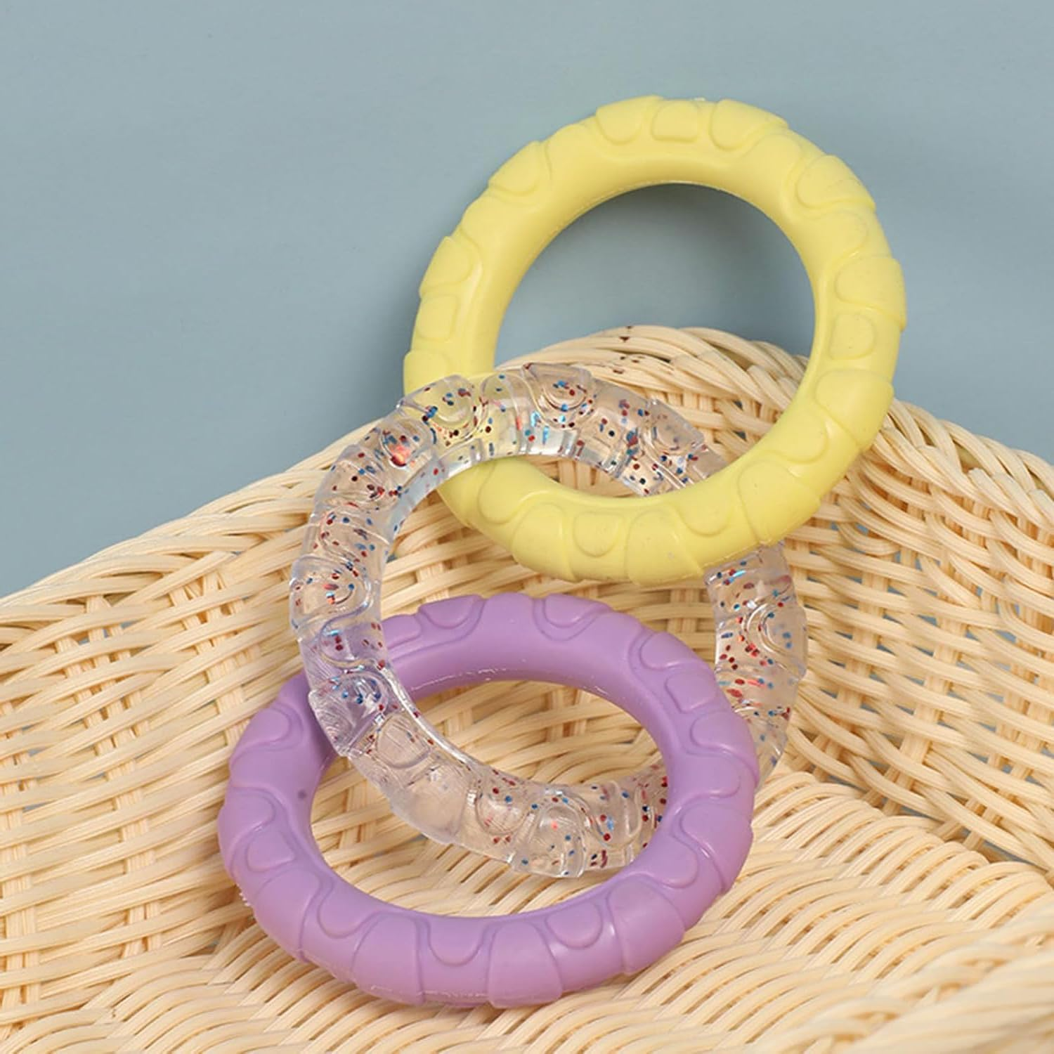 Roczential 3-Ring Dog Chew Toy, Indestructible Rubber Dog Toys, Puppy Teething Rings Toys for Small Medium Large Dogs (Yellow + Transparent + Purple) - Blue + Transparent + Purple image number 2