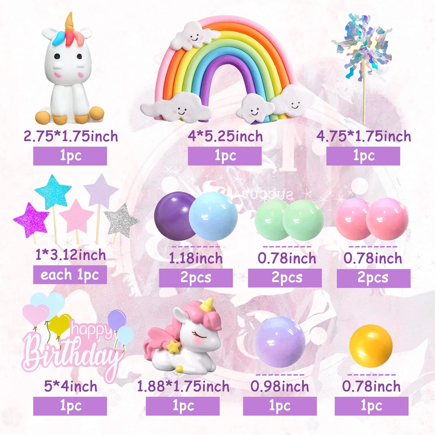 DRWATE 18 PCS Unicorn Cake Topper, Unicorn Rainbow Cake Decorations with Rainbow Stars Unicorn Foil Firework Balls Happy Birthday Cake Decorations for Boys Girls Kids Birthday (Style 1) image number 3