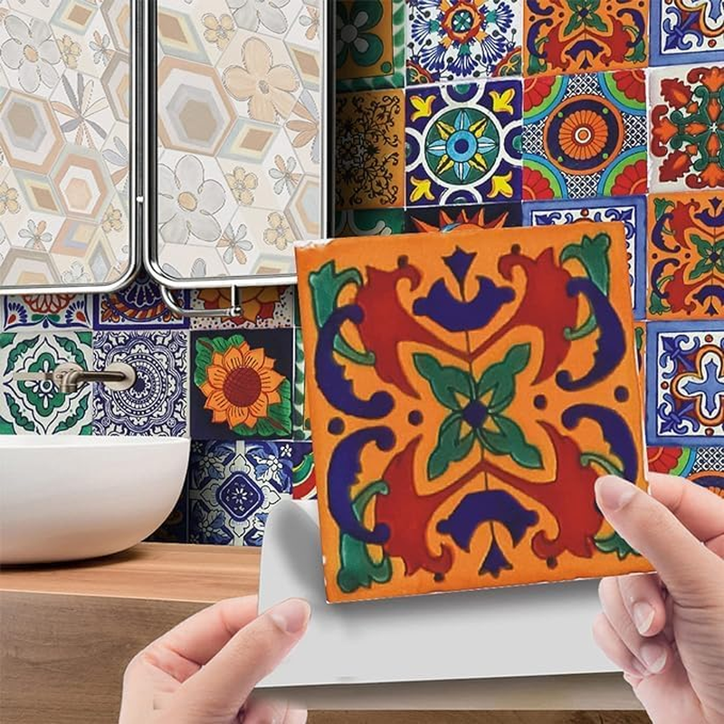 Tile Stickers, 24PCS Retro Decorative Peel and Stick Moroccan Self Adhesive Tile, Waterproof Oil-Proof Kitchen Backsplash Stickers for Bathroom (Type 3, 20 X 20Cm) image number 4
