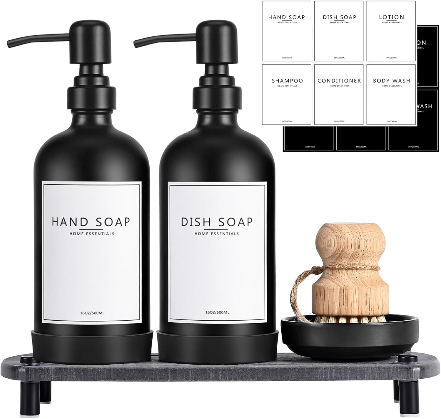 NEECZS Kitchen Soap Dispenser Set with Instant Dry Tray,16 Oz Hand and Dish Soap Black Glass Dispenser Set,Stainless Steel Pump,Waterproof Labels&Dish Brush,Luxury Soap Bottle for Kitchen,Bathroom