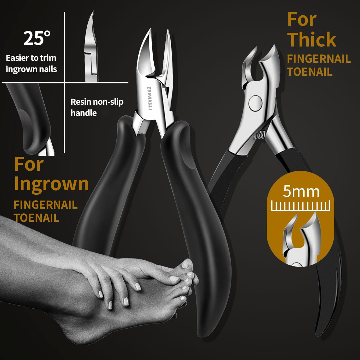 EBEWANLI Professional Toenail Clippers Set for Thick Nails, Ingrown Toenails, Seniors, Men & Women - Stainless Steel, Black image number 4