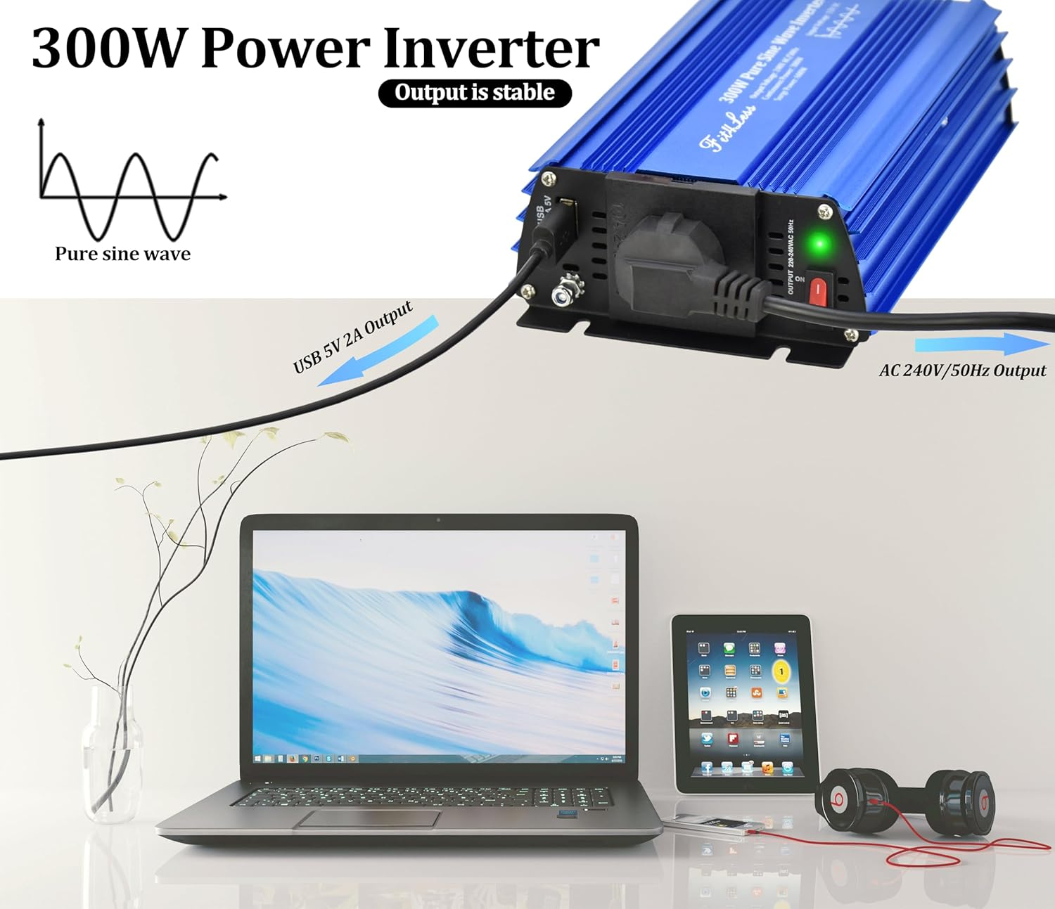 Pure Sine Wave Power Inverter 300W Rated Power and 600W Surge Power, Input DC12V Output Ac240V/50Hz with SAA Socket and USB DC5V Output. (300W) image number 4