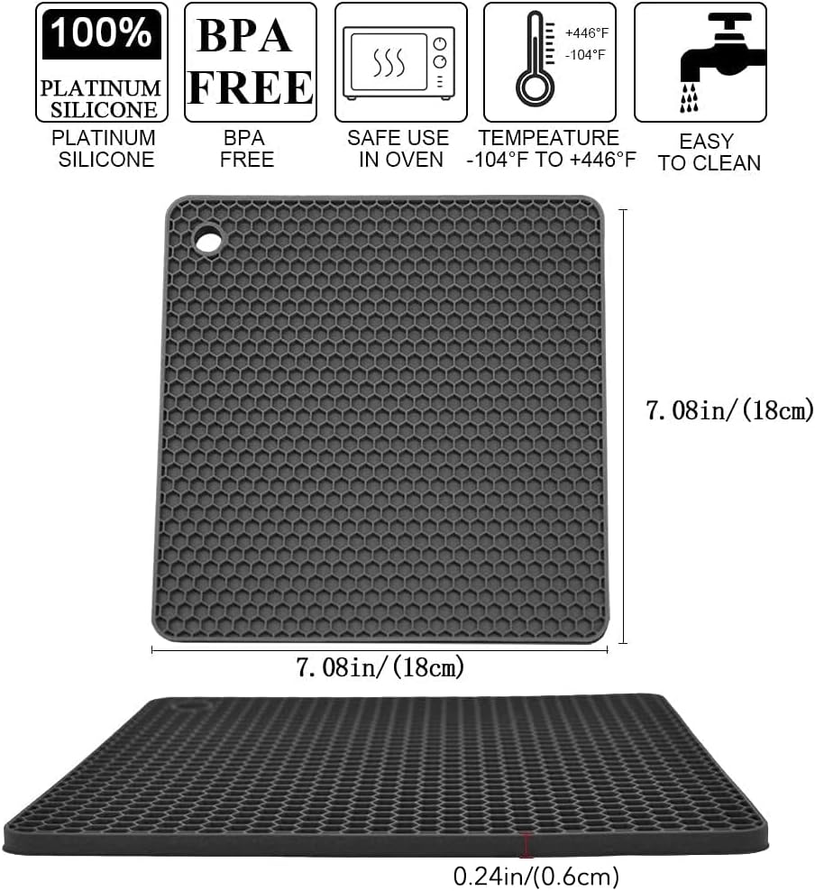 Silicone Pot Holders Set of 4- Silicone Trivets Mats for Hot Pan and Pot Pads. Heat Resistant Counter Mats for Tables, Countertops, Spoon Rest and Large Coasters, 4 Pack Dark Gray Squared Mats