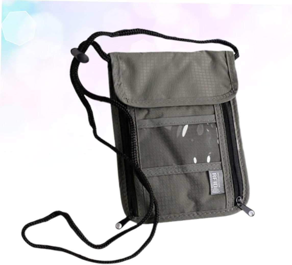 BUGUUYO Travel Wallet Neck Hanging Bag for Passport and Credit Cards Multipurpose Document Holder with Transparent Pocket Compact Shoulder Pouch for Men and Women Grey