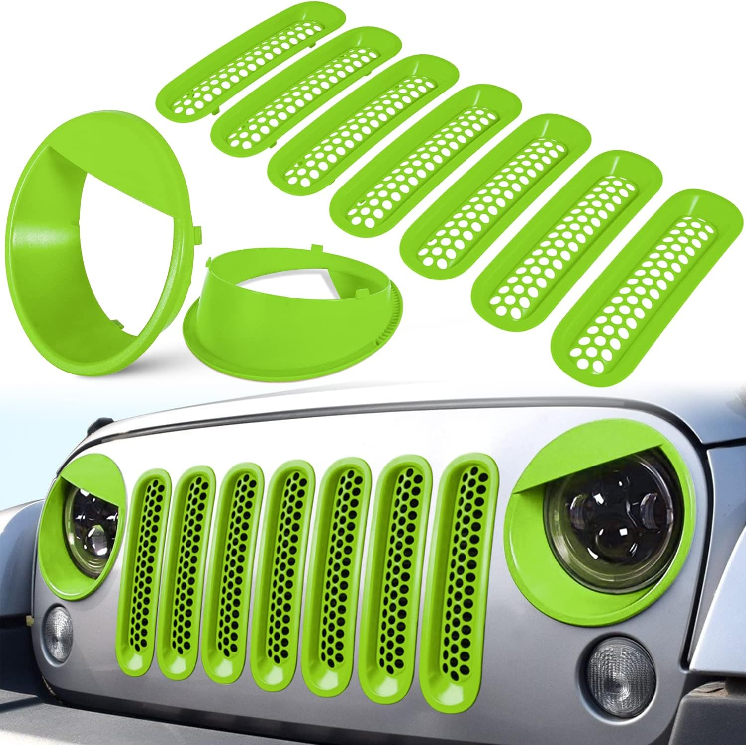 E-Cowlboy Front Grille Mesh Inserts & Headlight Cover for Jeep Wrangler JK JKU 2007~2017【Upgrade Matte Black Clip-On Version】