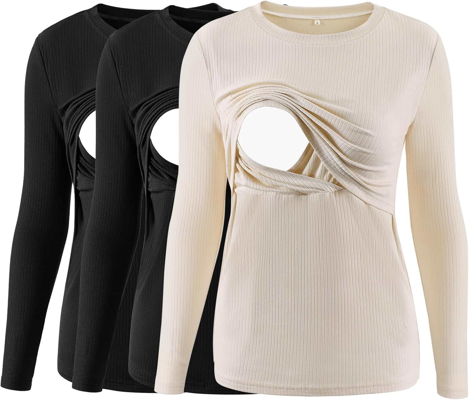 Liu & Qu Women'S Nursing Tops Ribbed Long Sleeves Maternity Shirts Double Layer Breastfeeding Shirts Pregnancy Clothes 3 Pack image number 4