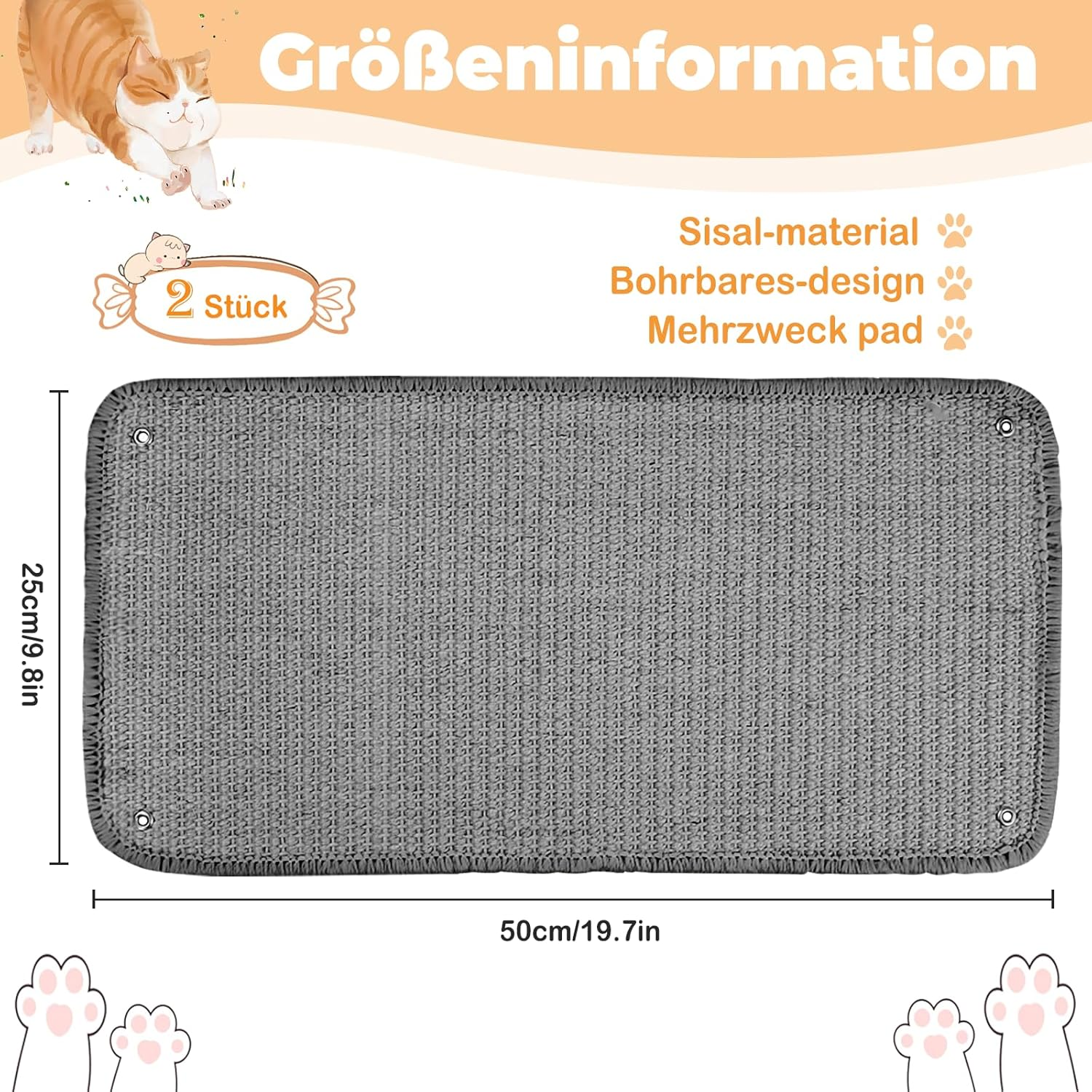 Set of 2 Cat Scratching Mat, Cat Scratching Boards Wall 50 X 25 Cm, Scratching Boards Cat Sisal, Durable Non-Slip Scratching Pads for Cats, Scratching Board for Sofa, Furniture, Door, Scratch image number 6