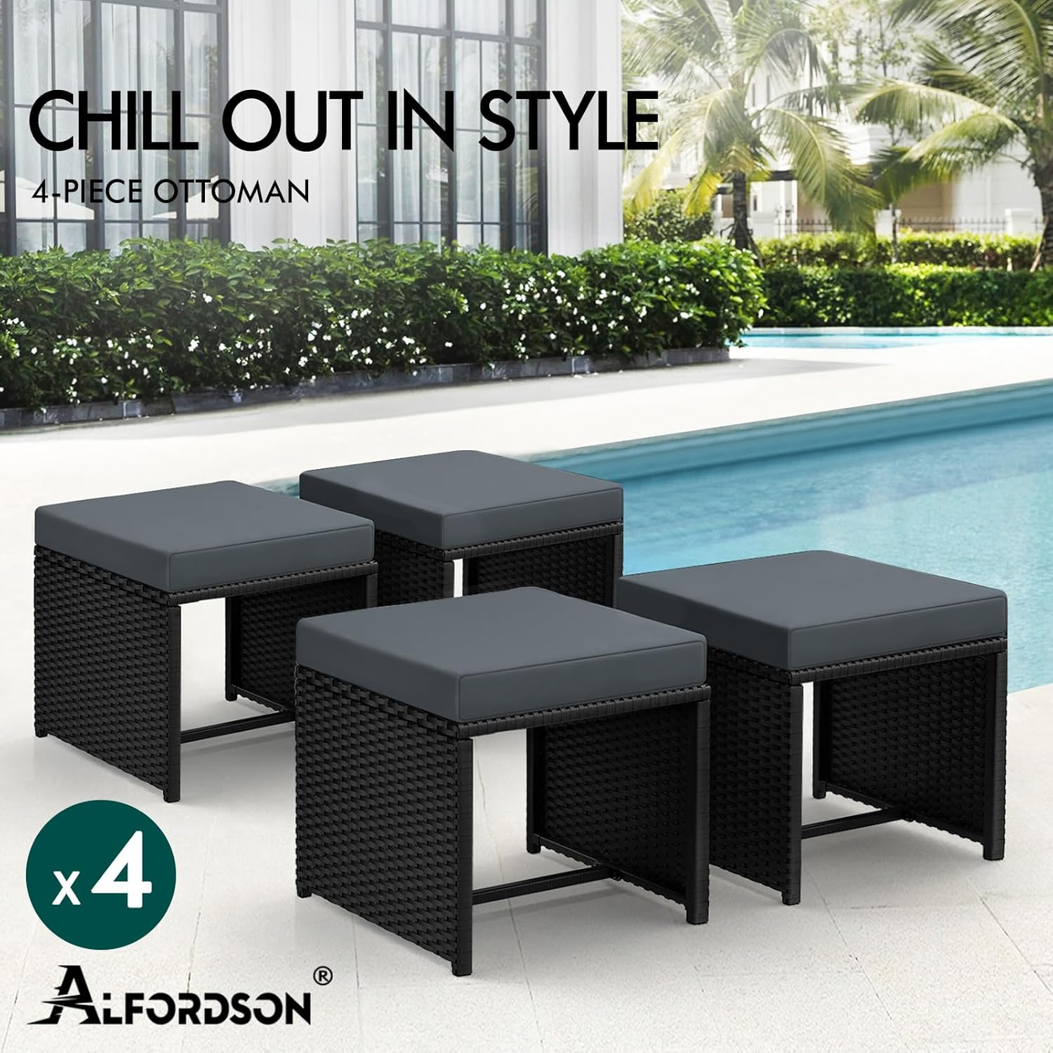 ALFORDSON Wicker Ottomans Set of 4, 4X Seat Cushions＆Covers, Outdoor Patio Furniture Set, Steel Frame, Uv-Resistant image number 3