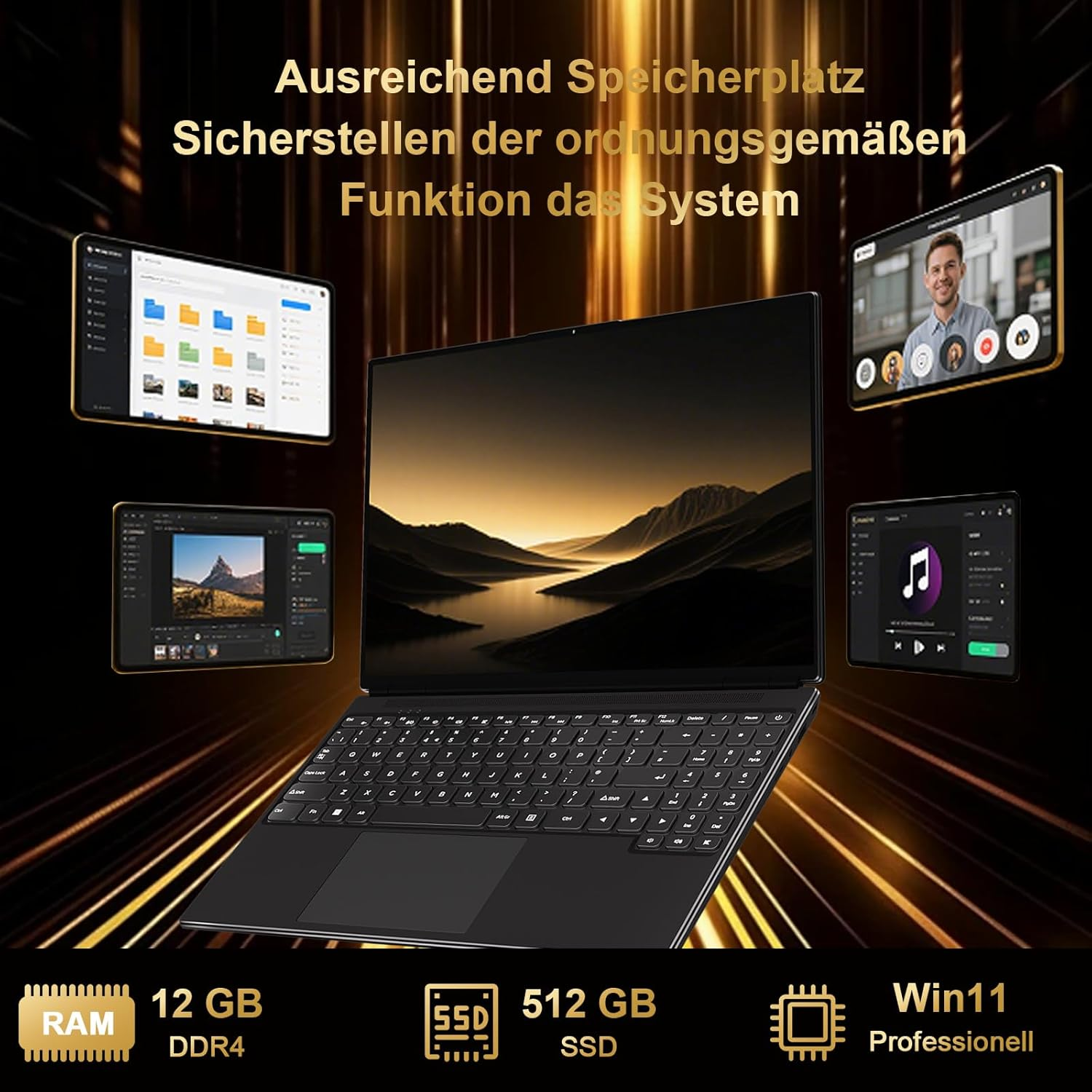 2025 Gaming Laptop 16 Inch Win11 12 + 512GB SSD Support 2TB (HDD-2TB) 1920 X 1200 Notebook 4-Core Celeron N5095 (Up to 2.9 Ghz) Laptop with Number Keyboard Wifi Mini HDMI German Keyboard Cover Black - N600-Black-2 image number 4