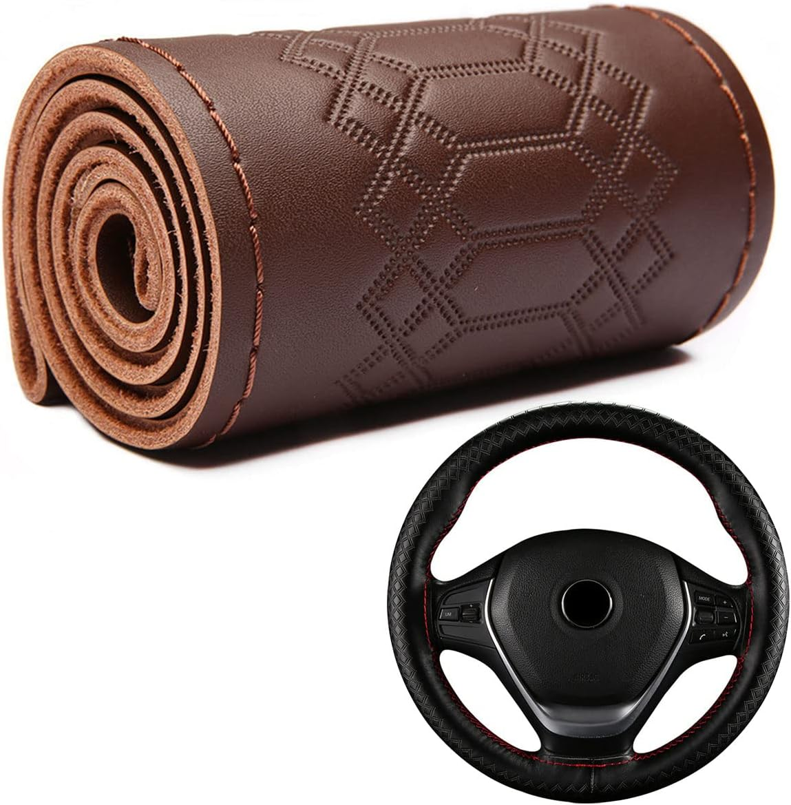 DEEYOTA Car Steering Wheel Cover Universal Fit round Stitch Steering Wheel Wrap Thin PU Leather Steering Wheel Cover Sewn on 15" Car Wheel (Black)