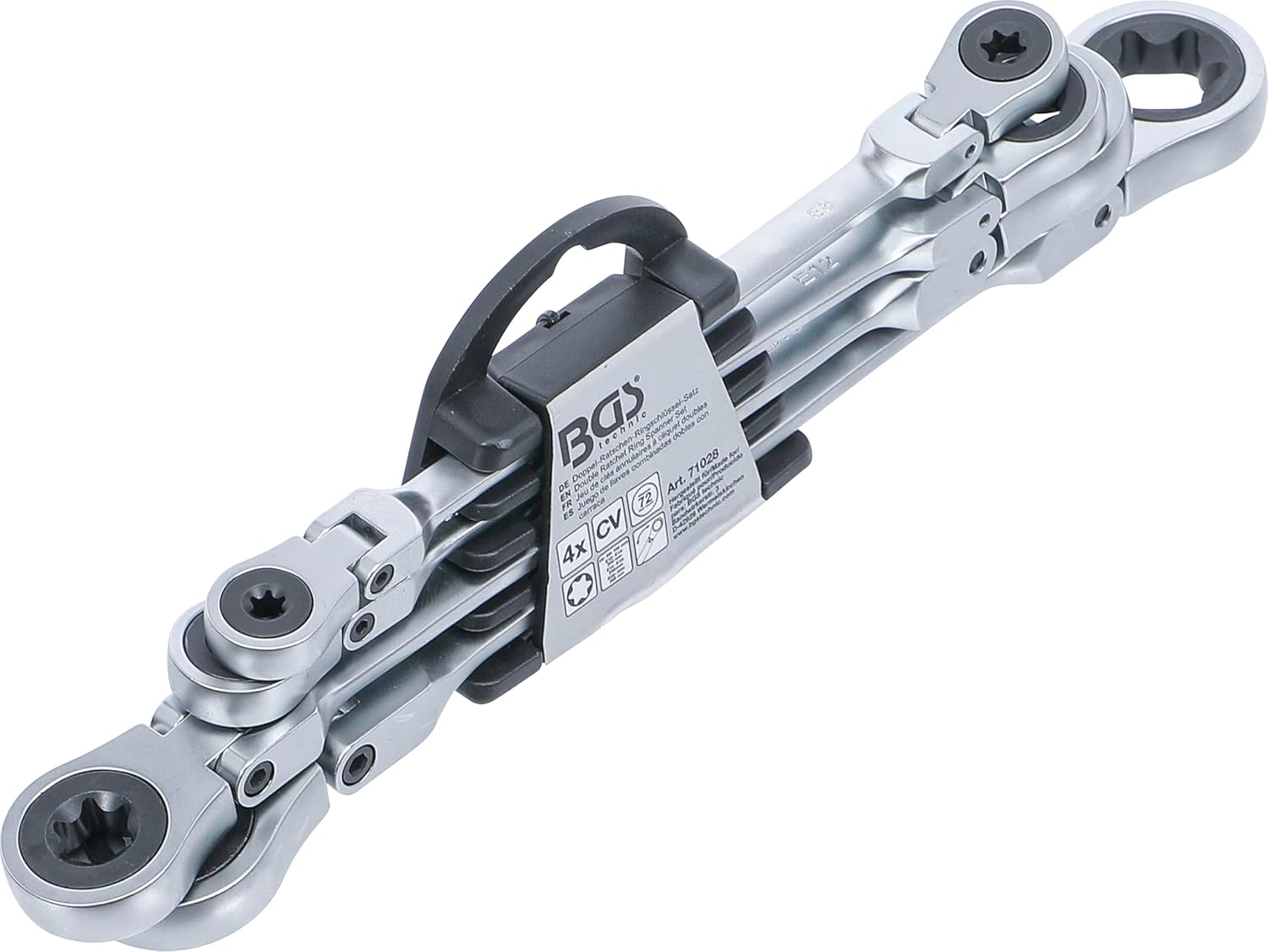 BGS 71028 | Double Ratchet Ring Spanner Set | Angled | with E-Profile Ring Heads | SW E6 - E24 | 4-Piece Set image number 6