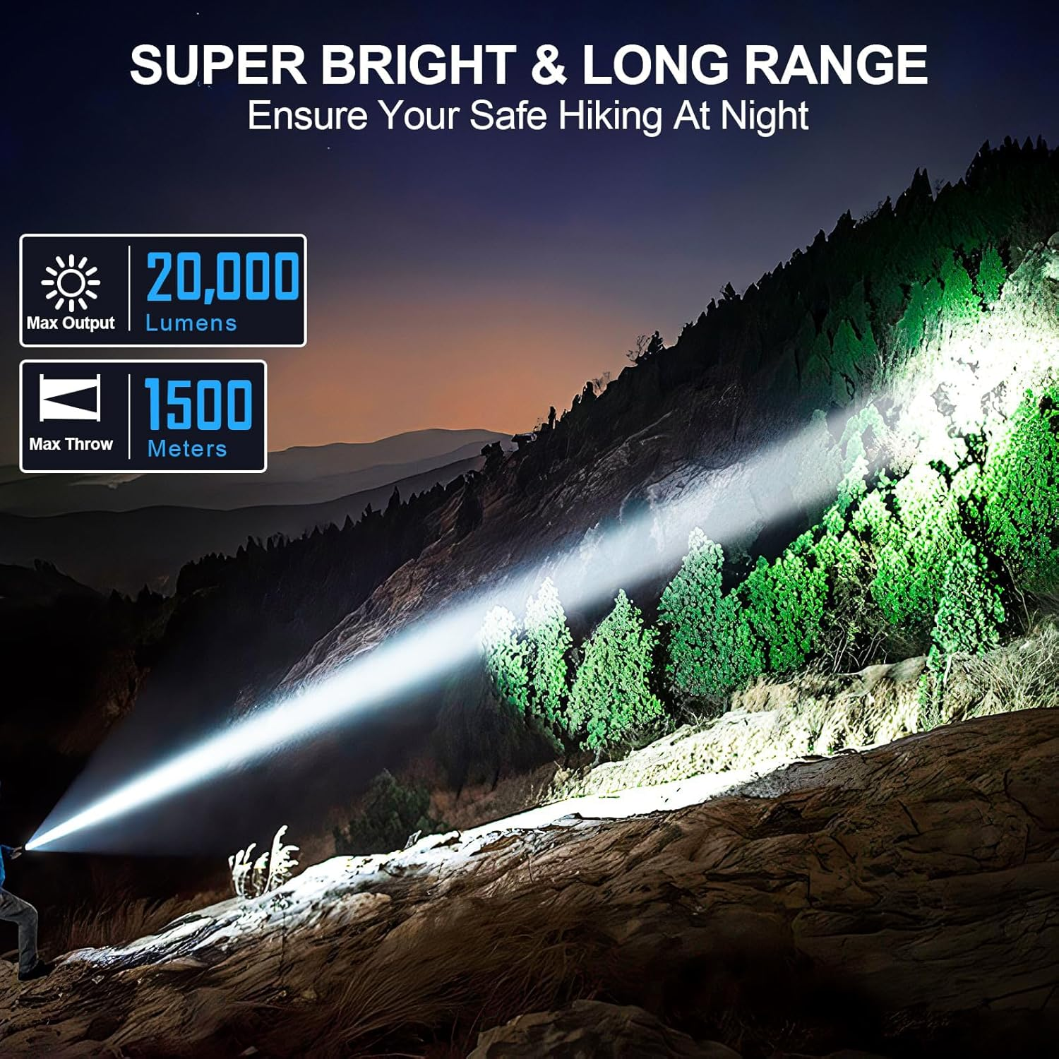 Rechargeable Flashlights 20,000 High Lumens, 1500M Long Throw Super Bright LED Small Powerful Tactical Flashlight with Memory Function, 6Modes Pocket Waterproof Flash Light for Camping,Emergency image number 3