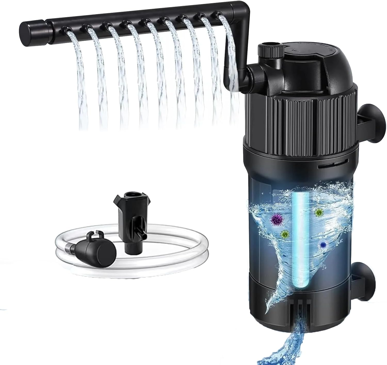 Aquarium Filter 5 in 1 Fish Tank Filter 400L/H, 105 GPH Green Water Cleaning Filter Pump with Timer, Dual Mode (Aeration/Rainfall) for 400L/H Gallon Aquariums (3W U-V 4W Pump) image number 1