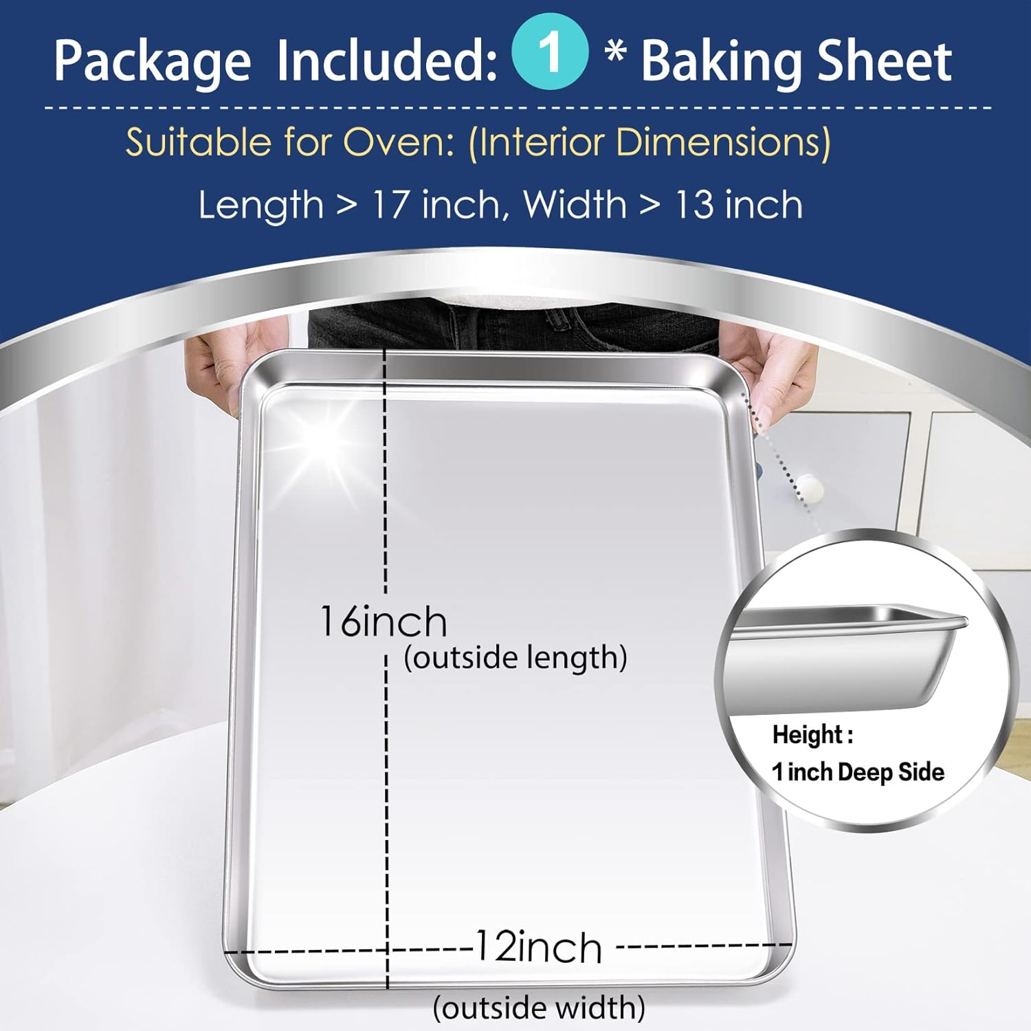 Large Baking Sheet, P&P Chef Stainless Steel Cookie Sheet Baking Pan Tray, Rectangle 16''X12''X1'', Healthy & Non Toxic, Mirror Finish & Dishwasher Safe image number 2