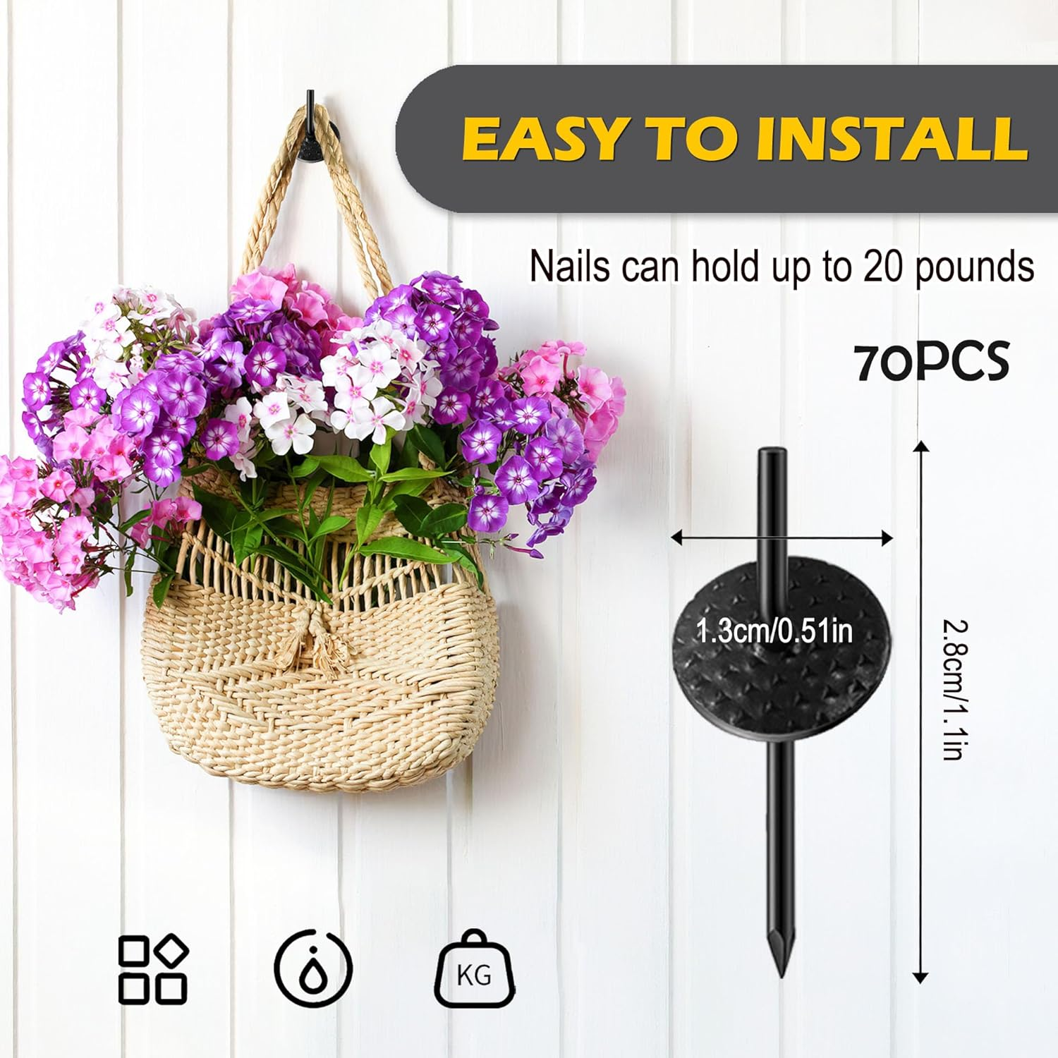 70Pcs Picture Hanging Nails, Hanging Nails Iron Alloy Photo Frame Hanger Kit for Wood Hardware Mounting, 20Lbs Picture Hanging Tool for Drywall, Canvas, Mirror Hanging Decoration (Black) image number 5